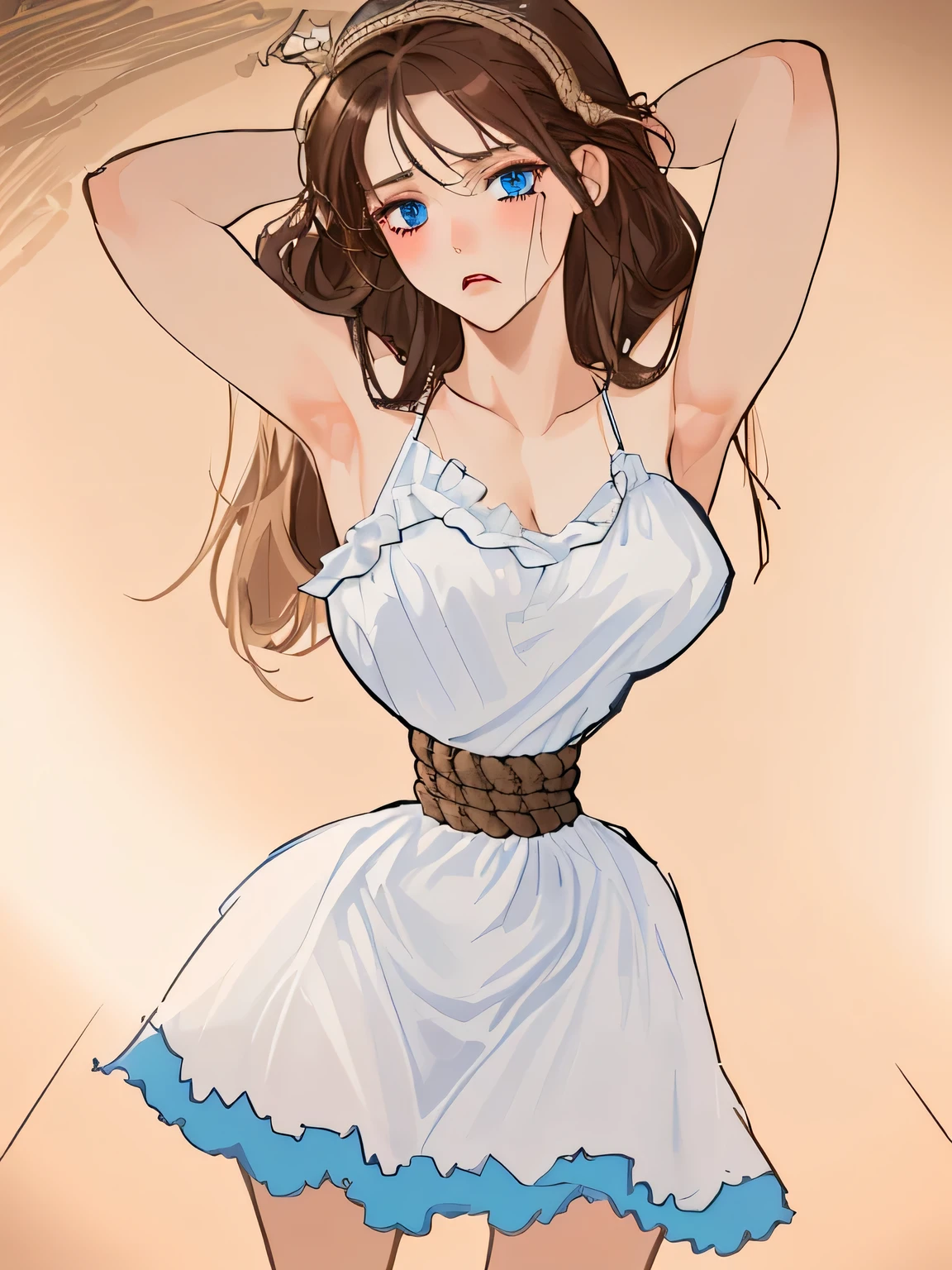 ((masterpiece)), ((highest quality)), (super detailed), torture chamber,(((Waist bound tightly with rope))),pretty girl, 1 girl, alone,white slip dress,lace ruffles,beautiful brown hair, (beautiful blue eyes), long hair, expression of agony