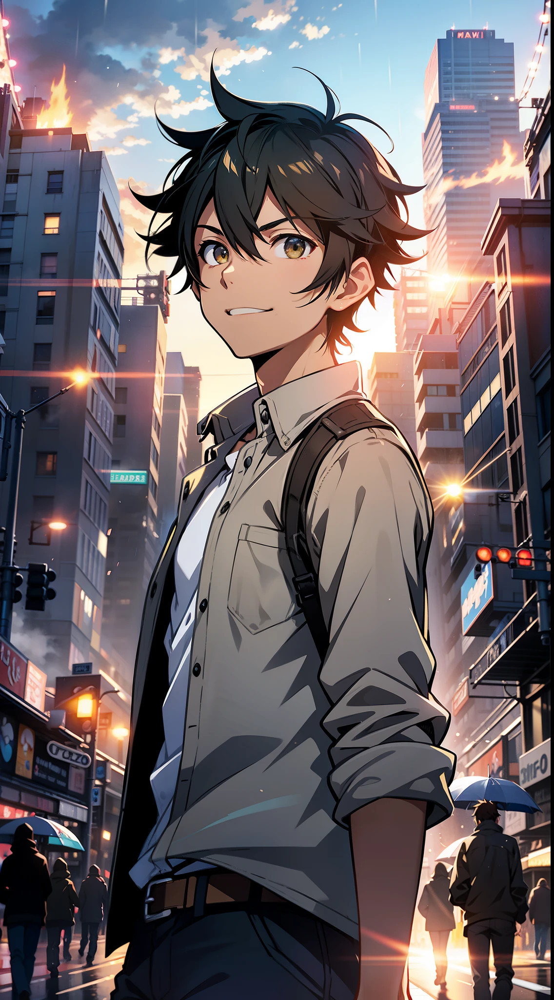 a boy with an evil smile button up shirt, raining in the city, fire burning in the background, makoto shinkai cyril rolando, makoto shinkai. digital render, makoto shinkai!, makoto shinkai. —h 2160, makoto shinkai!!, in style of makoto shinkai, ( ( makoto shinkai ) ), makoto shinkai style
