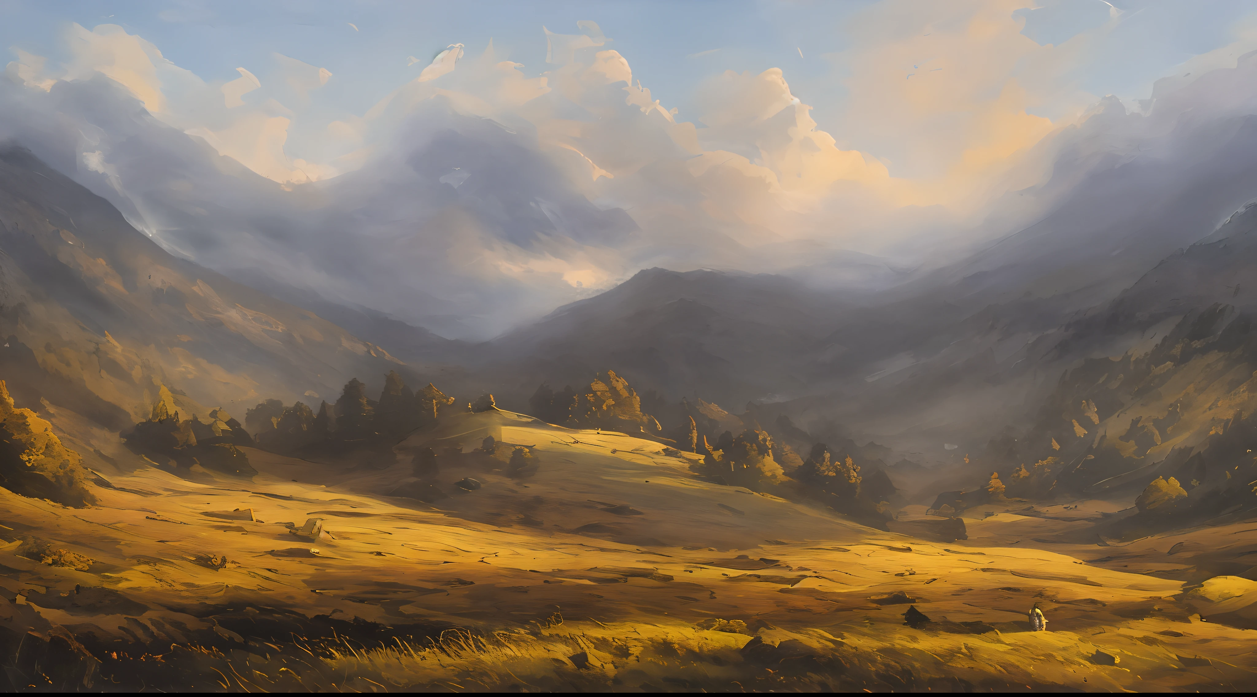 Samdo Saats style. physical palette knife painting, Thick oil paint, stunning landscape, Vast scale, soft colors, calm contrast, very detailed and complex. landscape, hills, Deciduous forests, mountain hut, Giant pumpkin, god's rays, sharp focus