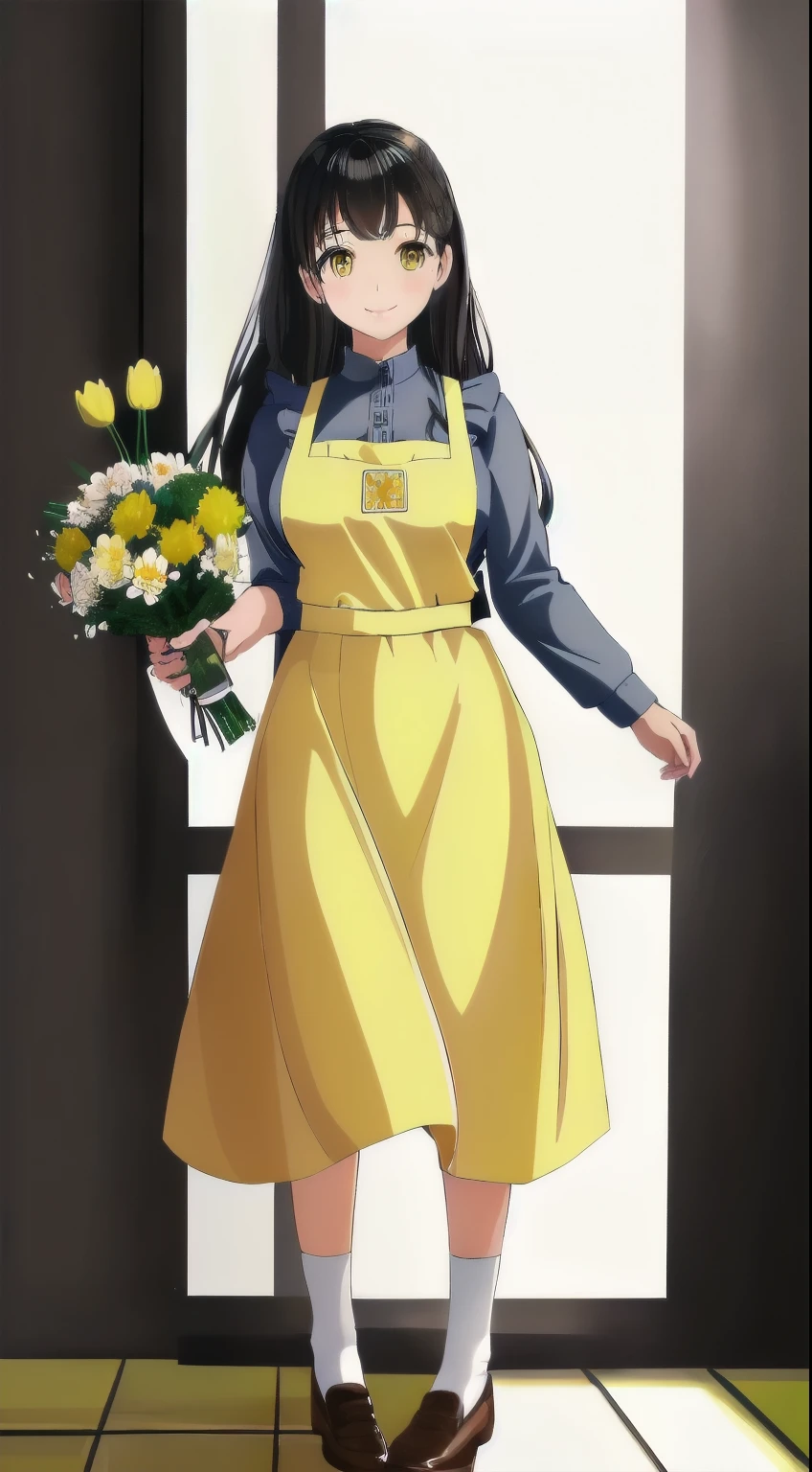 ((highest quality)), ((masterpiece)), (be familiar with), perfect face, whole body, Are standing, めちゃくちゃbe familiar with, ultra high resolution, super detailed, highest quality, woman, smile, flower shop, white blouse, yellow apron, long skirt, perfectly symmetrical face, highly detailed eyes, super beautiful, Perfect body balance