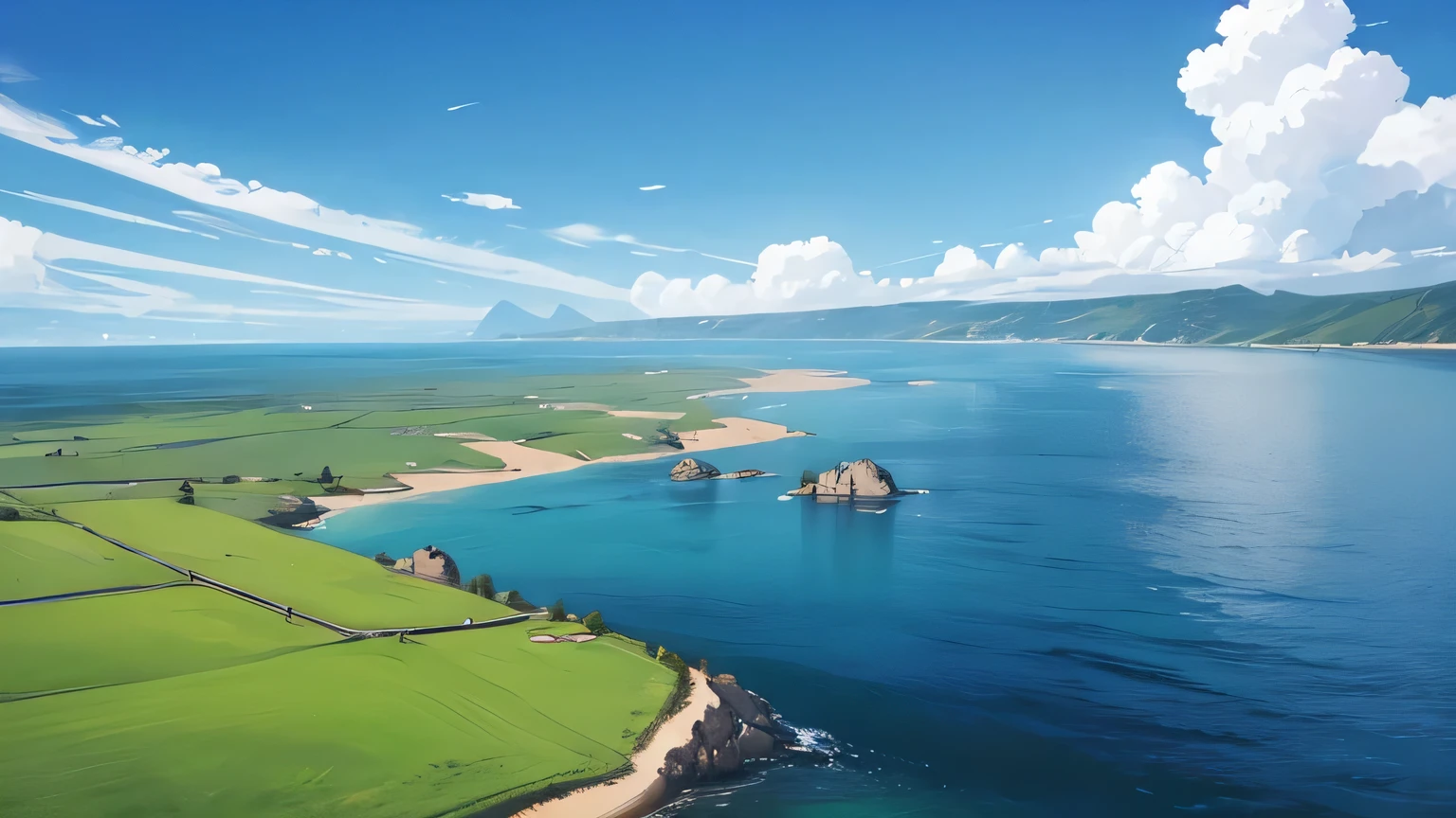 flat grass ground, blue skies, day time, floating islands in the skies, sea in the middle