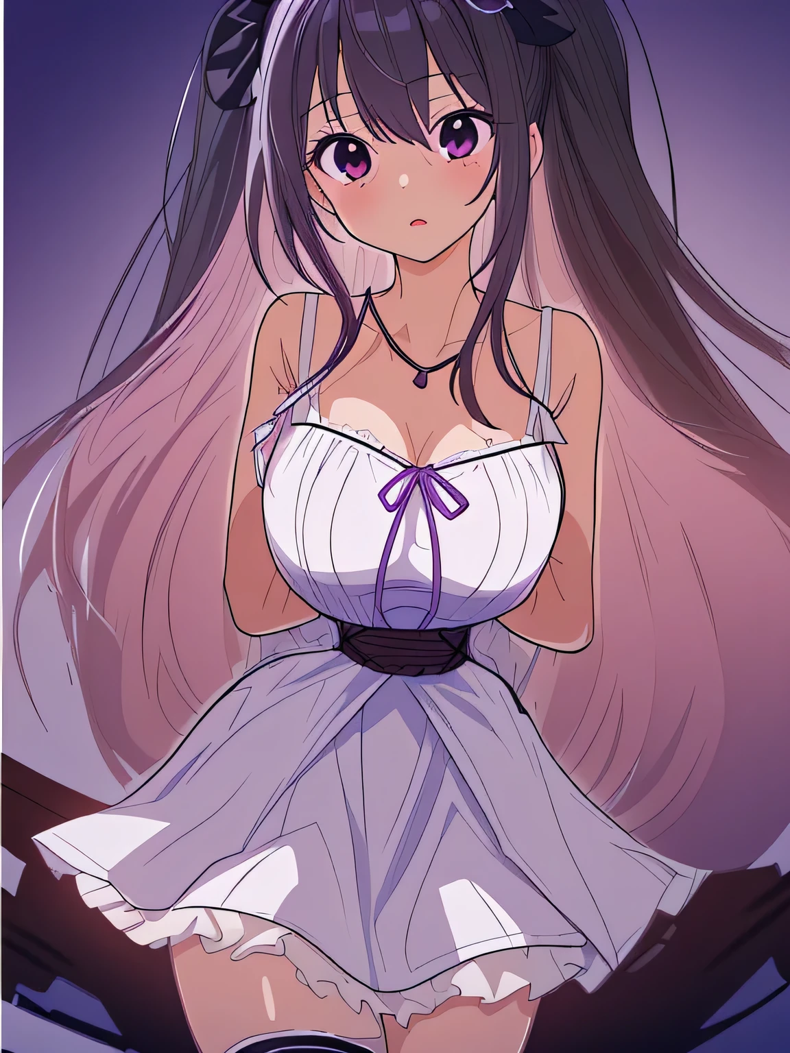 ((masterpiece)), ((highest quality)), (super detailed), torture chamber,(((Waist bound tightly with rope))),pretty girl, 1 girl, alone,light purple one-piece dress,white ruffles,beautiful black hair, (beautiful black eyes), long hair, expression of agony