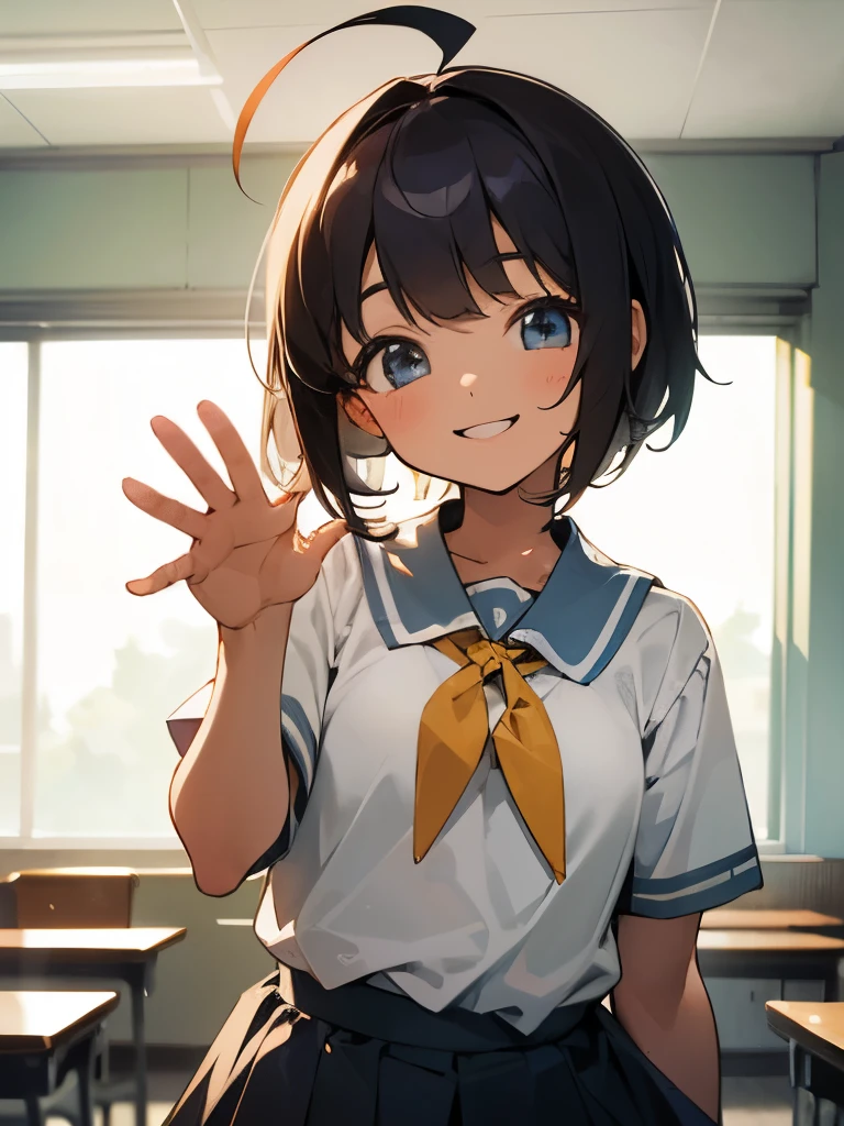 Image of the upper body of A cute 11 year old girl, smiling happily, short hair, ahoge, school uniform, school skirt, image focused only on her, She looks adorable, happy, seems to be waving something inside the classroom, detailed