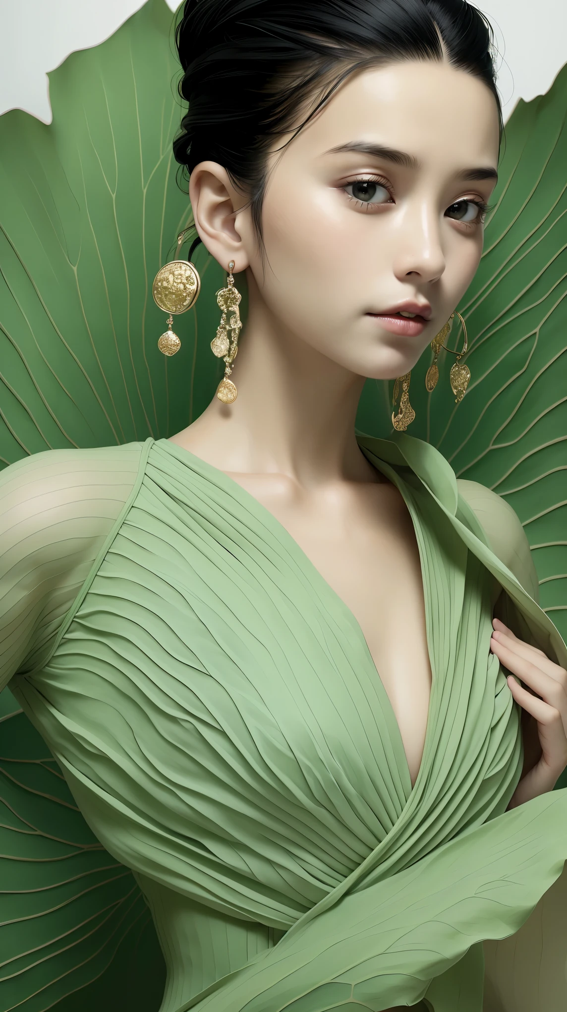 ((Best quality)), ((Masterpiece)), ((Realistic)), 1girl, solo:2,lotus_leaf_fairy,close-up，beautiful，Dynamic movements, anatomically correct, traditional Chinese clothing, extreme details,fullybody shoot