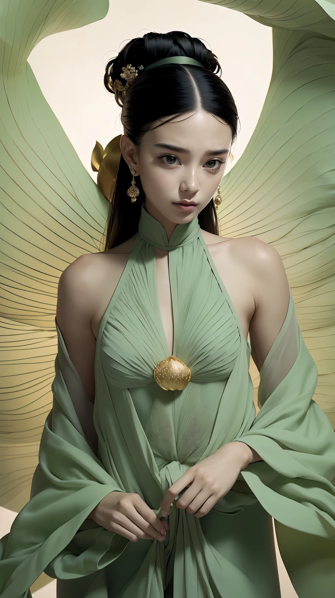 ((Best quality)), ((Masterpiece)), ((Realistic)), 1girl, solo:2,lotus_leaf_fairy,close-up,beautiful,Dynamic movements, anatomically correct, traditional Chinese clothing, extreme details,fullybody shoot