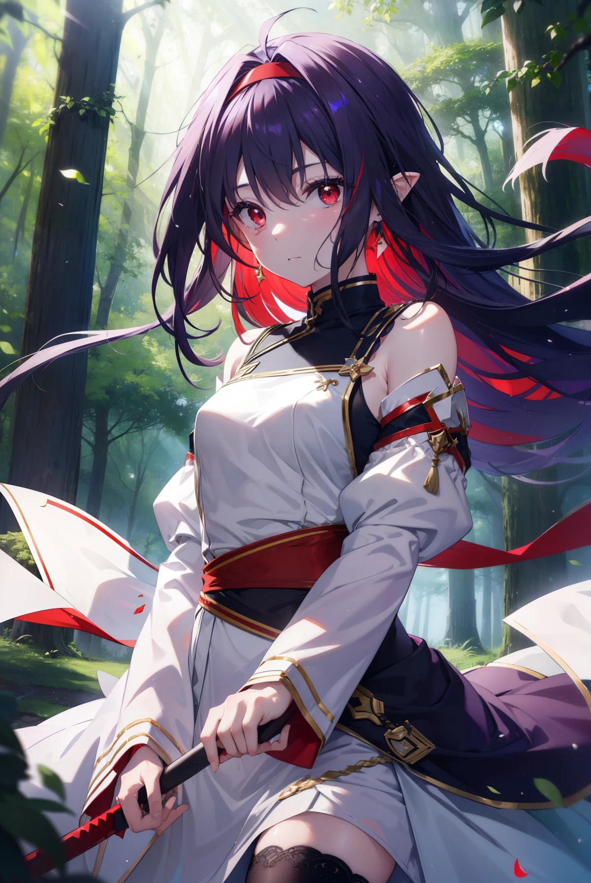 yuukikonno, Yuki Konno, hair band, long hair, pointed ears, purple hair, (red eyes:1.5), (small breasts:1.2), open your mouth,
break white Thighhighs, removed sleeve, Thighhighs, dress, white dress, armor breastplate, purple armor,
break looking at viewer, Upper body, whole body,
break outdoors, forest, nature,
break (masterpiece:1.2), highest quality, High resolution, unity 8k wallpaper, (figure:0.8), (detailed and beautiful eyes:1.6), highly detailed face, perfect lighting, Very detailed CG, (perfect hands, perfect anatomy),