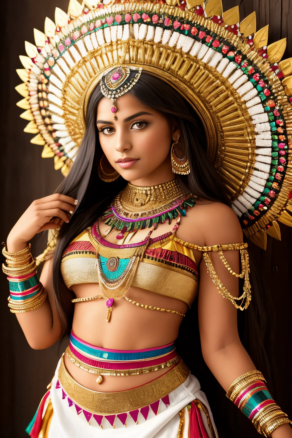 masterpiece, a aztec princess woman), medium peark brasts, in front a piramid, native dress, hi quality, cutty girl,  beautiful detailed face, looking at viewer, gold jowels