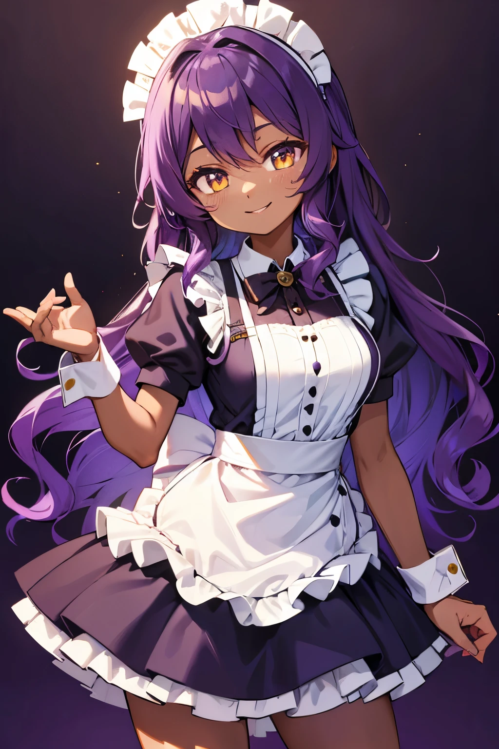 maid, wavy purple hair, smile, maid outfit, dark skin, gold eyes