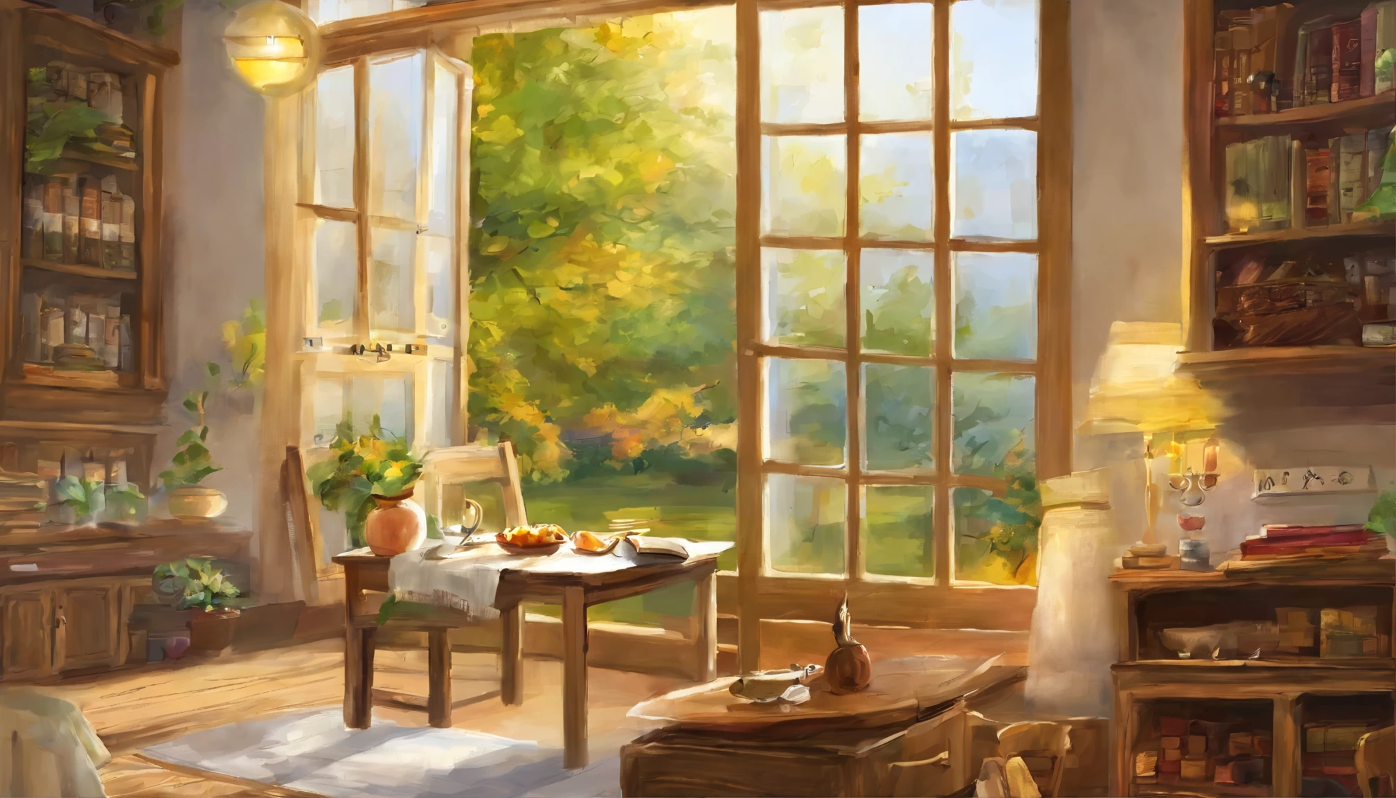 The interior of the store is illuminated with soft light.,The sunlight shining through the window creates spots of warm light on the floor.。Wooden floors become a little crispy due to the dryness of autumn.。A faint scent of tea wafted through the room.。,Hot tea is placed quietly on the table, radiant heat。There was a half-open book on the table.。,Apparently the owner just read a book here.,I can't help but get lost in thought.。The leaves of the ivy near the window are starting to turn yellow little by little.,The wind blows through,the leaves rustle。Kitten taking a relaxing nap in the sun,hour々Move your ears。The whole room will be filled with autumn tranquility and leisure.。シンプルで快適なhour間です,It was very warm and satisfying.。