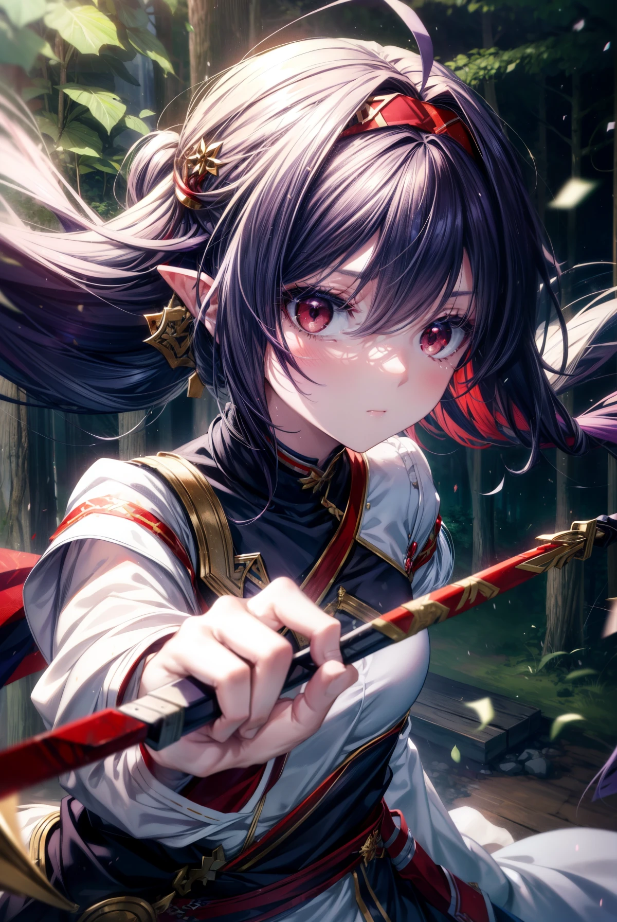 yuukikonno, Yuki Konno, hair band, long hair, pointed ears, purple hair, (red eyes:1.5), (small breasts:1.2), serious face,Grasp the hilt of the sword with your left hand,
break white Thighhighs, removed sleeve, Thighhighs, dress, white dress, armor breastplate, purple armor,
break looking at viewer, Upper body, whole body,
break outdoors, forest, nature,
break (masterpiece:1.2), highest quality, High resolution, unity 8k wallpaper, (figure:0.8), (detailed and beautiful eyes:1.6), highly detailed face, perfect lighting, Very detailed CG, (perfect hands, perfect anatomy),
