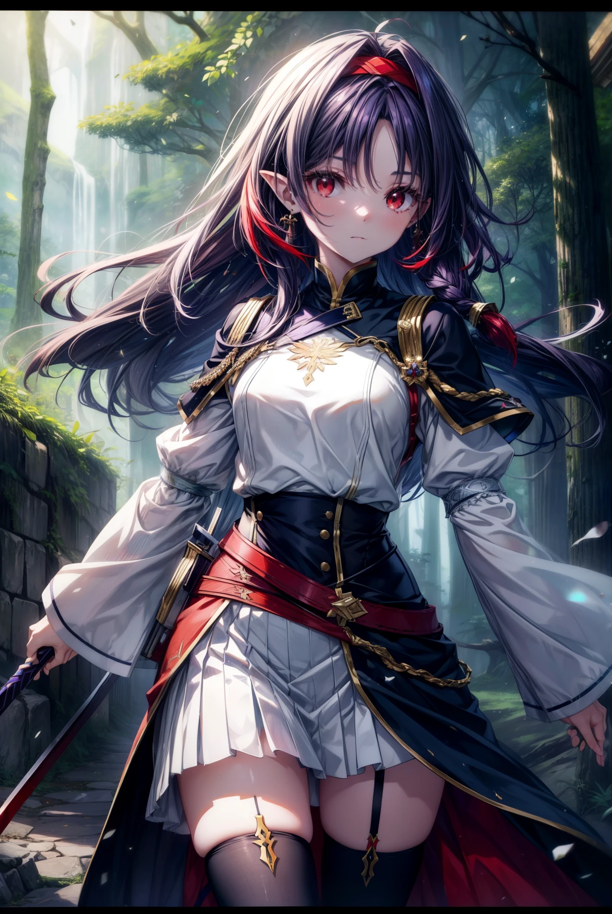 yuukikonno, Yuki Konno, hair band, long hair, pointed ears, purple hair, (red eyes:1.5), (small breasts:1.2), serious face,Grasp the hilt of the sword with your left hand,
break white Thighhighs, removed sleeve, Thighhighs, dress, white dress, armor　breastplate, purple armor,
break looking at viewer, Upper body, whole body,
break outdoors, forest, nature,
break (masterpiece:1.2), highest quality, High resolution, unity 8k wallpaper, (figure:0.8), (detailed and beautiful eyes:1.6), highly detailed face, perfect lighting, Very detailed CG, (perfect hands, perfect anatomy),