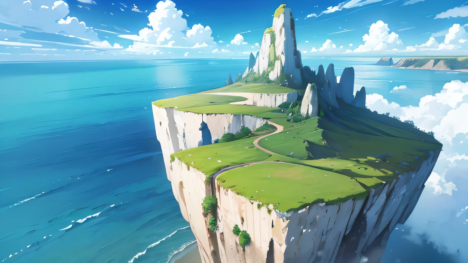 grass ground, blue skies, day time, far away, wide angle, cliff, flat ground, floating islands in the skies, open seas