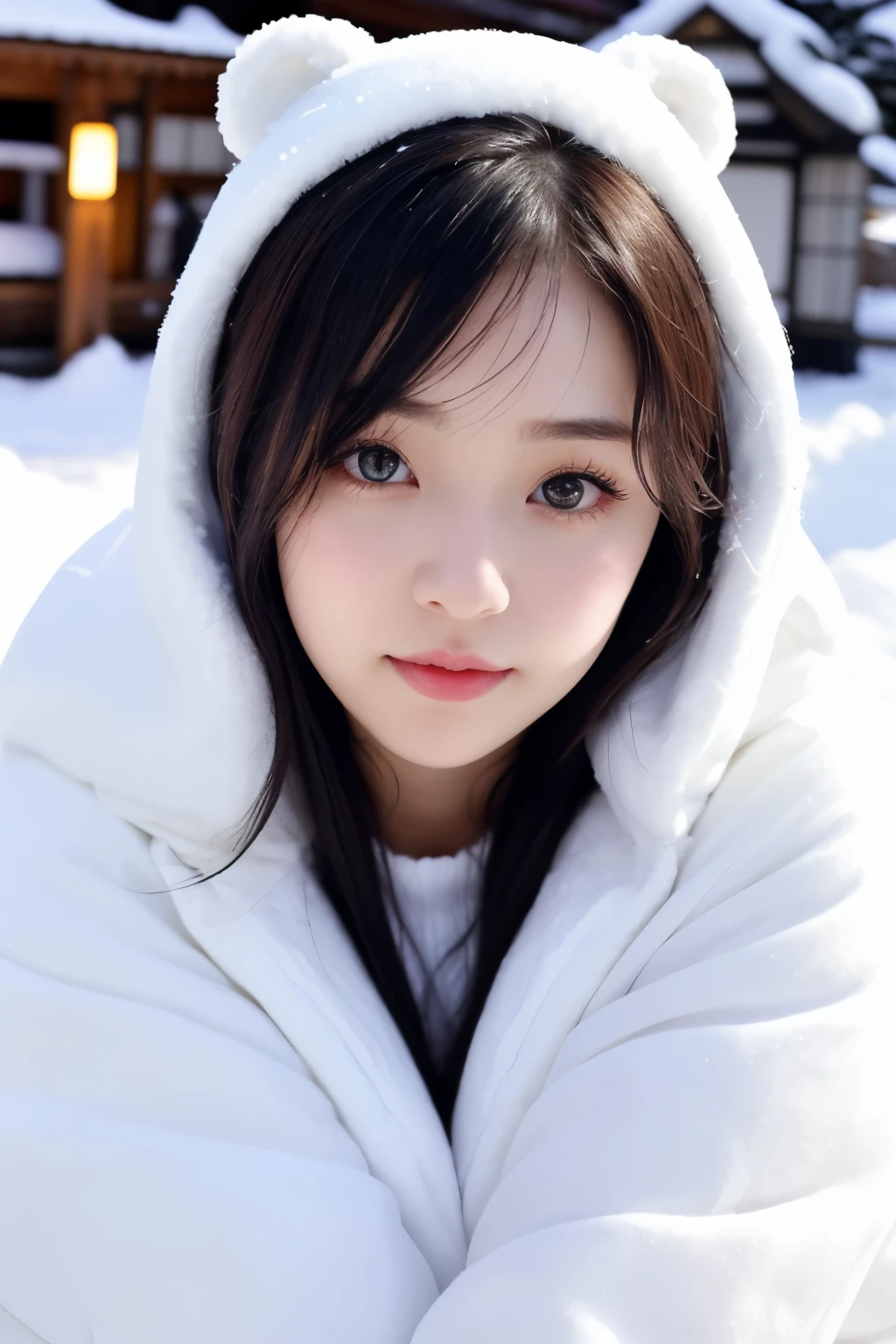 {{NSFW}},((highest quality、In 8K、masterpiece:1.1)),(natural light),(glowing:1.4),(lighting forward),1 woman in Japan、japanese woman、28 year old adult woman、japanese girl、black hair、shortcut、bob hair、short hair、Woman with dark eyes、Drooping eyes、drooping eyes、cute big eyes、Beautiful double eyes、cute face、delicate and beautiful skin、human-like skin、Realistic skin feel、複雑な色hair、complicated hairstyle、luster々hair、looking at camera、A woman looking slightly upwards、double round big eyes、very delicate eyes、super detailed face、High-definition lips、thick lips、emphasize the face、clear white skin、beautiful white woman、Clothing that shows off big breasts、above the knee、beautiful feet、A woman with cute sleeves、costume like a snowman、Cute cosplay like a polar bear、Beautiful woman having fun in the snow、Sapporo's snow festival is beautiful、