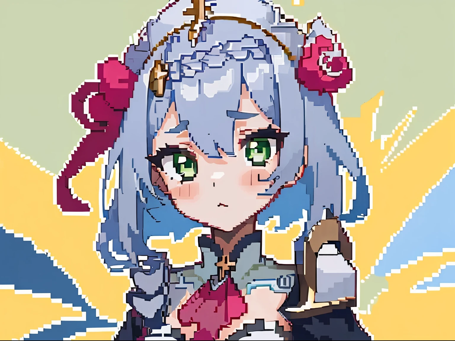 masterpiece, high quality, hcnone, pixel art, 1girl, noelle genshin impact, silver hair, green eyes, simple gold color background