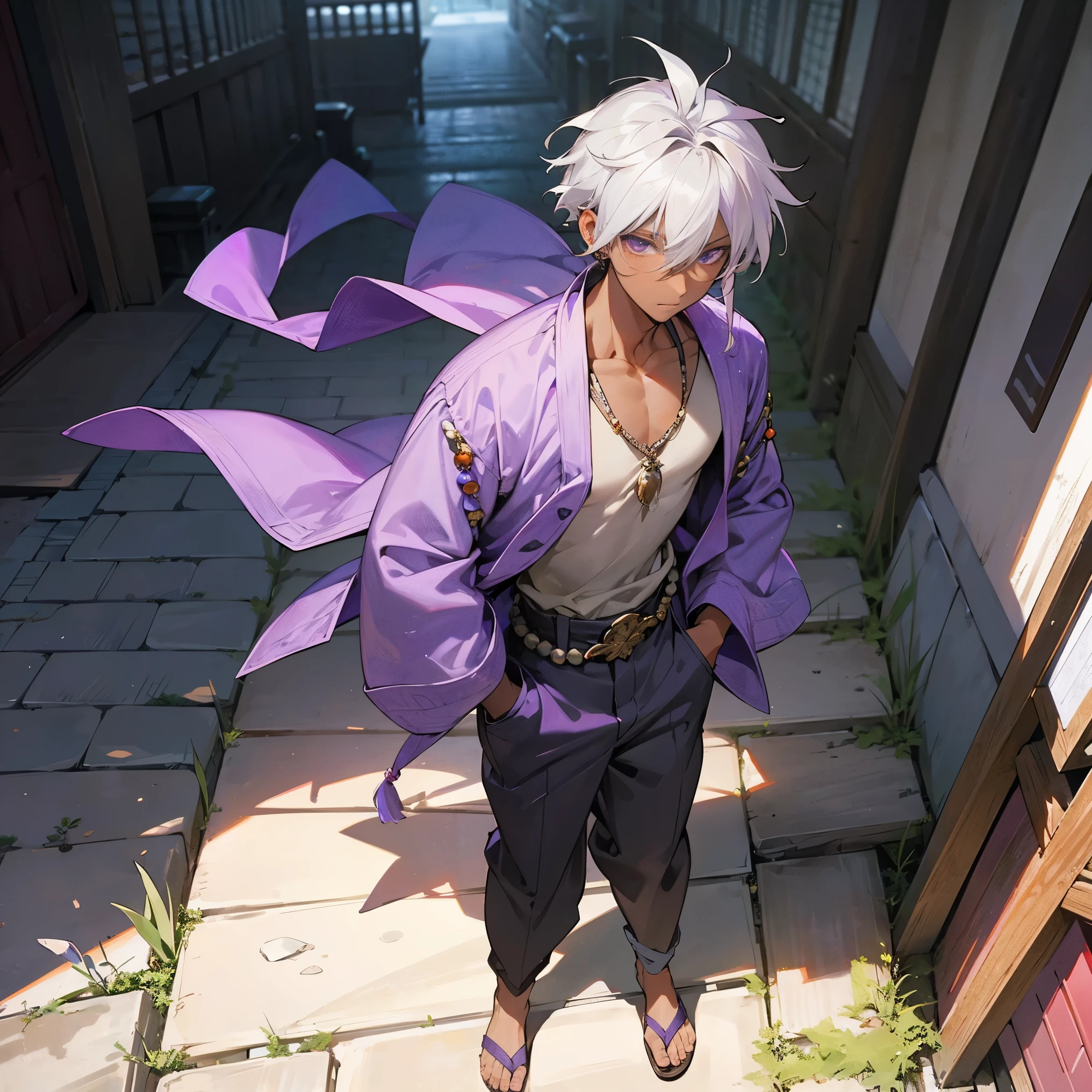 1male, , medium pale messy grey hair, finely detailed lavender purple eyes, walking down path, dark skin, bandolier across chest, loose long sleeve coral colored shirt, loose baggy pants, prayer bead belt, modern clothing, posing with hands in pockets, walking down path, shrine gate