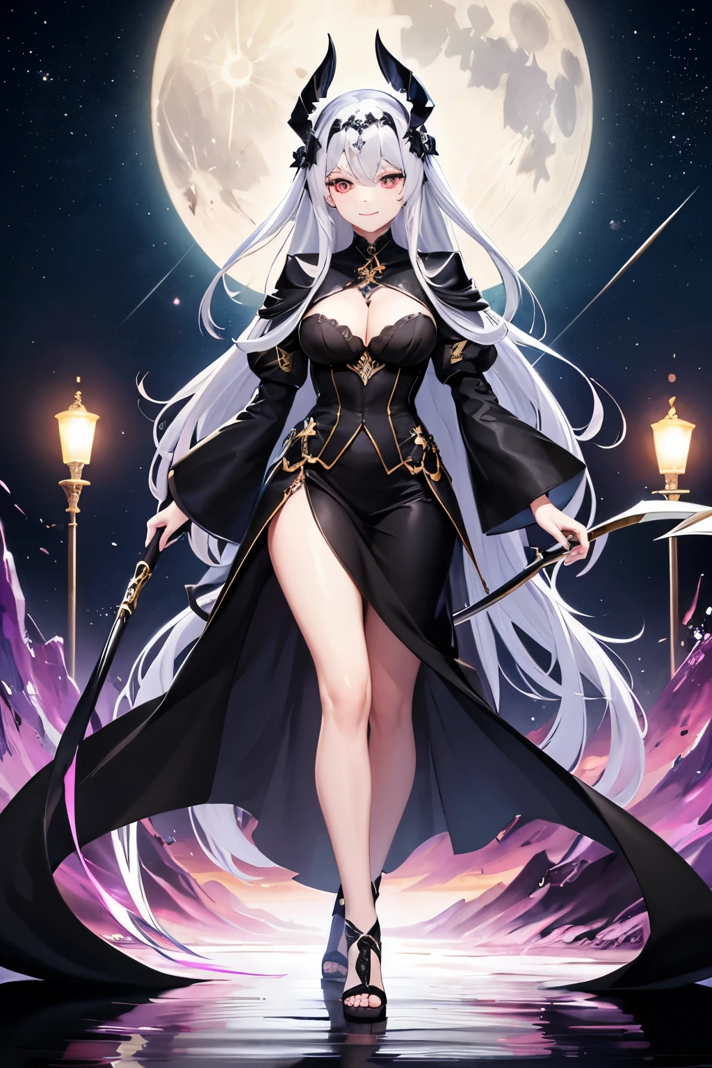 [Animo artistic style], [Masterpiece], [Unparalleled Detail], [Exquisite Illustration], [Dynamic Composition], [Intense Eye Contact], [Seductive Solo Pose], [Full Body Shot], [Mesmerizing Background], [Soft Lighting], [Glowing Particleajestic Nighttime Scene], [Moonlit Reflections], [Flowing Water Ripples], [Enchanting Black Lotus Flower], [Golden Edges], [Elegant Gothic Evening Dress], [Intricate Layers and Embroidery], [Delicate and Ornate Accessories], [Subtle Desaturation], [Mysterious Cold Tones], [Dark and Enigmatic Atmosphere], [Striped Hair with a Gradient Effect],