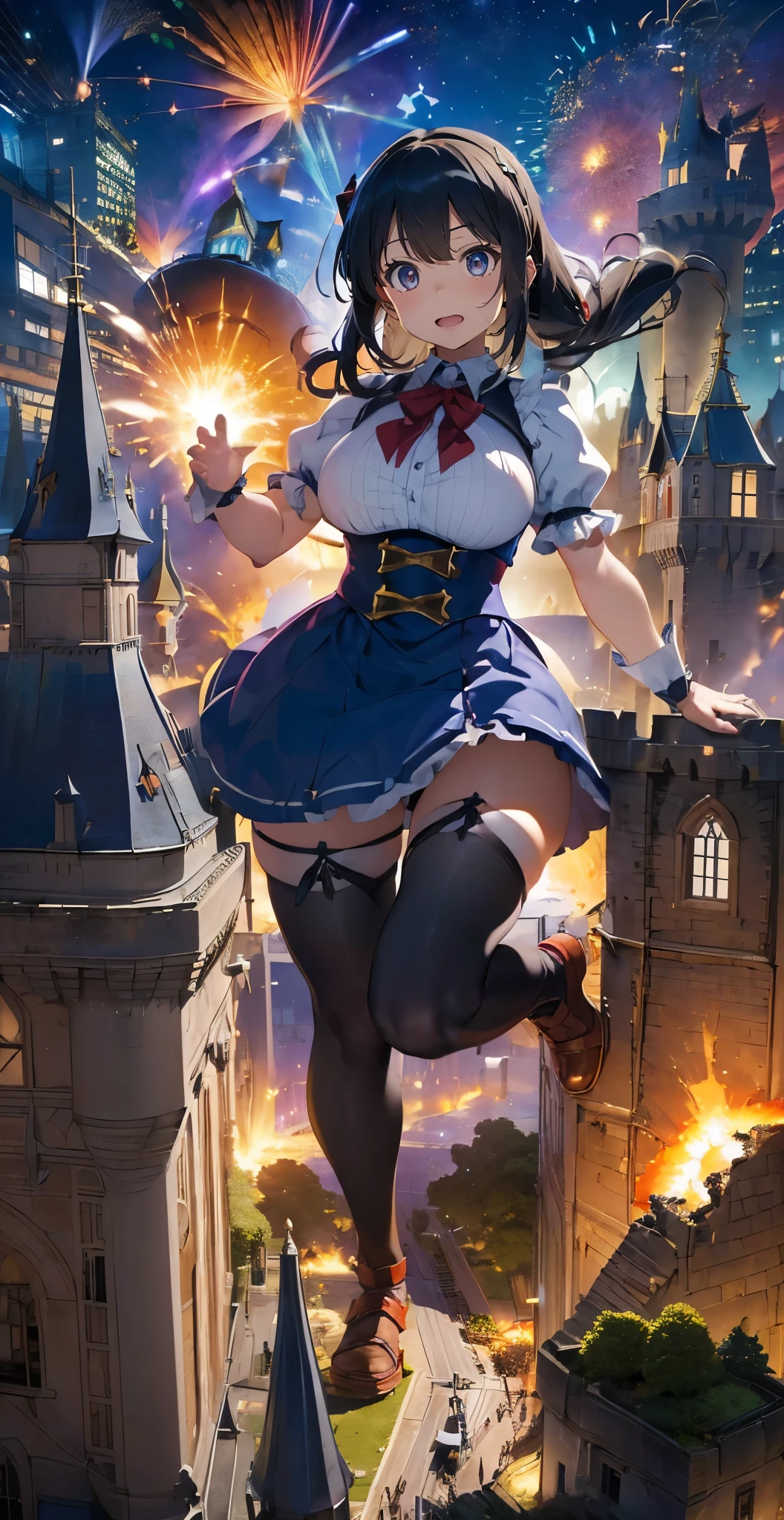 ファイナルfantasy world,fantasy world、(((dark hero))),White Gothic Idol Princess Ruffle Ribbon Maid Clothes、A girl bigger than a castle、background blur、Gulliver's Travels、alice in wonderland、city of rubble、super huge breasts、big breasts、big breasts、big breasts、big breasts、big breasts、plump thighs、plump thighedieval europe city fire、((((giant girl straddling the castle))))、cigarette、((((Medieval European city explosion))))、reach out your hand、Ruins at the end of the century、((((Open your legs and show your panties)))),進撃の巨人のA giant girl who moves the earth、((Ultraman))、(((Giant of Light))),A giant girl who moves the earth、足元のcity of rubble、A castle of rubble beneath my feet、flying debris、loafers、low angle camera、high school girl、((((fighting pose))))、((((A big explosion at my feet))))、8k、High image quality High image quality、nipple、sheer shirt、dwarf chariot at your feet、((((Destroy the broken dwarf castle with your legs))))、Confront an army of dwarfs