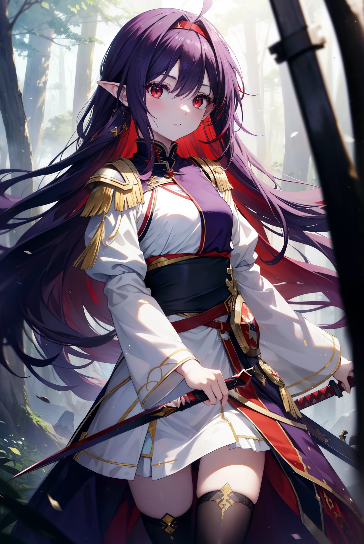 yuukikonno, Yuki Konno, hair band, long hair, pointed ears, purple hair,Ahoge, (red eyes:1.5), (small breasts:1.2), serious face,Grasp the hilt of the sword with your left hand,
break white Thighhighs, removed sleeve, Thighhighs, dress, white dress, armor　breastplate, purple armor,
break looking at viewer, Upper body, whole body,
break outdoors, forest, nature,
break (masterpiece:1.2), highest quality, High resolution, unity 8k wallpaper, (figure:0.8), (detailed and beautiful eyes:1.6), highly detailed face, perfect lighting, Very detailed CG, (perfect hands, perfect anatomy),