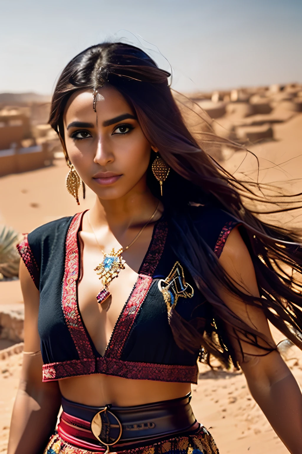 fking_scifi, fking_scifi_v2, portrait of a young, seductive, extremely beautiful and attractive Arabic woman, in front of a city in the desert, long messy hair, rich colorful clothes and golden jewelry, close up, regal pose and attitude. fking_cinema_v2.