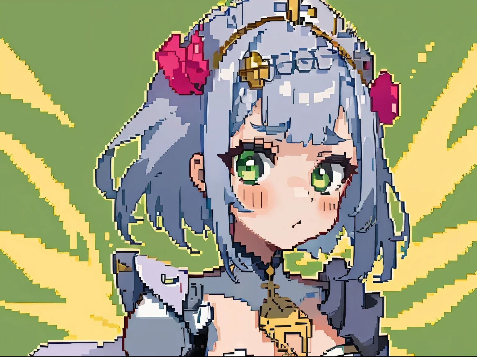 masterpiece, high quality, hcnone, pixel art, 1girl, noelle genshin impact, silver hair, green eyes, simple gold color background