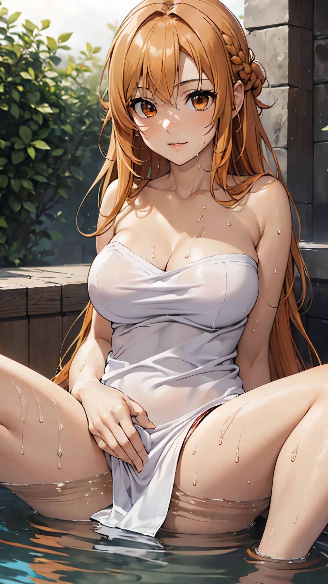 realistic, hyper detail,very precise detailed,ultra high resolution,extremely detailed CG unity 8k wallpaper,(Realistic,Photorealsitic,hyper realisitic:1.5), (NSFW:1.3),smile,blush,girls only, Longhair, dynamic lighting, ((bold imaginative poses)), (Glossy skin:1.5), masterpiece, highest quality, disorganized, Audience,(Wearing a bath towel:1.4), (orange hair:1.4),(crown half up hair:1.5),(orange eyes:1.4),(spread your legs:1.4),((beautiful, fine eyes:1.3)),(wet clothes:1.4), thin, High resolution, sharp focus, Depth of the bounds written, eye for detail, clear eyes, ((Aesthetic Anime Eyes:1.4)), outdoors, sunrise sky,Open-air bath at a long-established hot spring inn,(Wearing a bath towel:1.4)