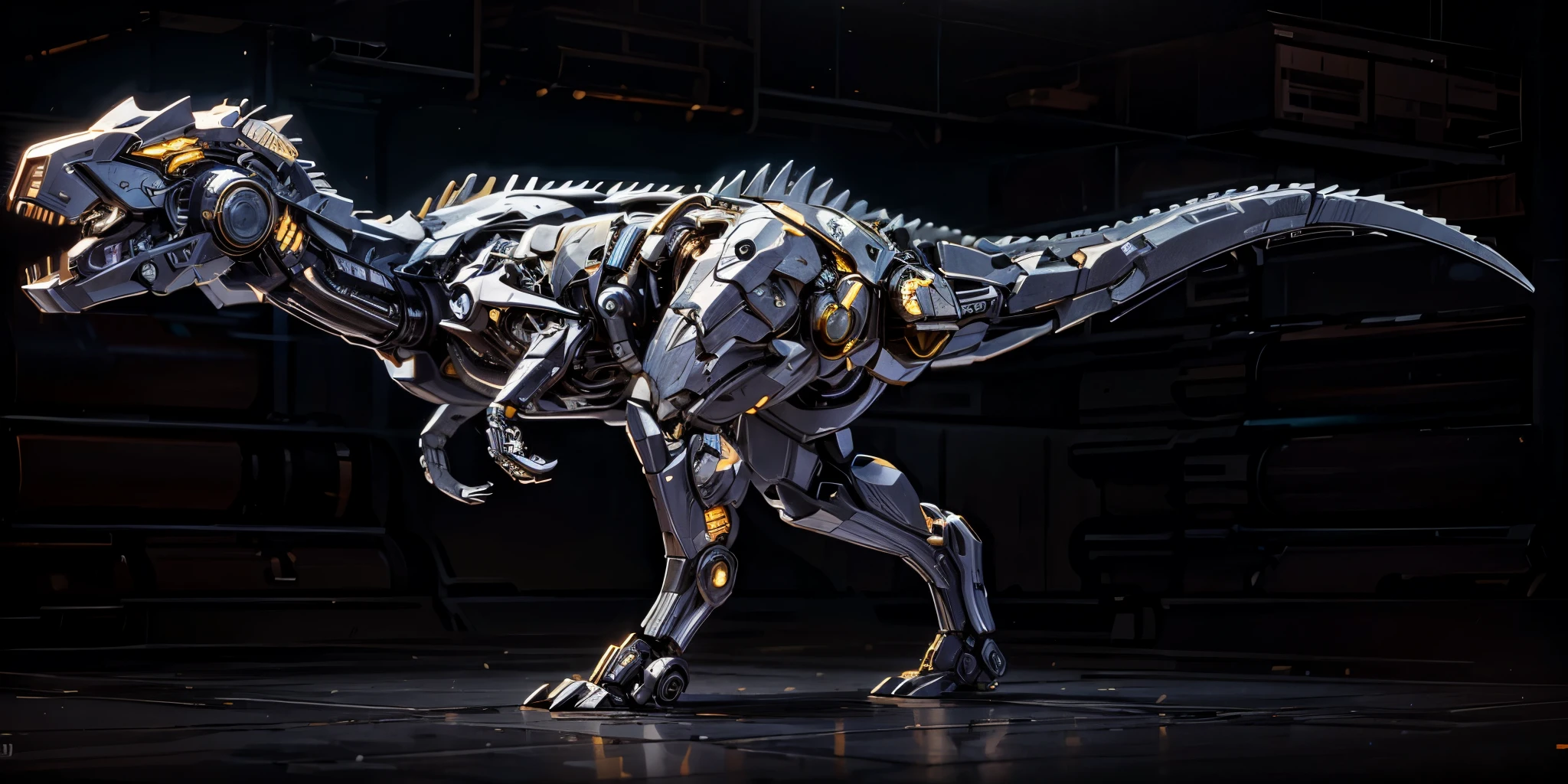 (futuristic:1.5,cyberpunk),(Black canvas background:1.4,blurred background:1.4), Mechanical Giganotosaurus, (Mechanical body:1.2, mechanical limbs:1.2, gear joints, Glowing eyes, realistic scifi cyberpunk armo),Ray Tracing, Reasonable structure,backlight, close up, Mechanical elements,cybernetic, complex,Selective focus, high res