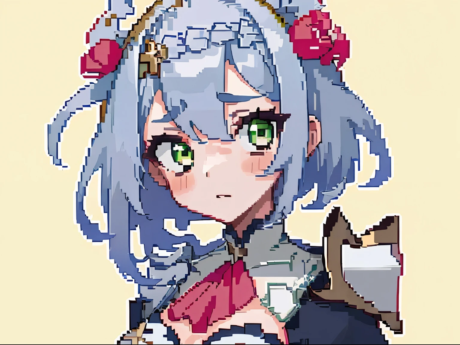 masterpiece, high quality, hcnone, pixel art, 1girl, noelle genshin impact, silver hair, green eyes, simple gold color background