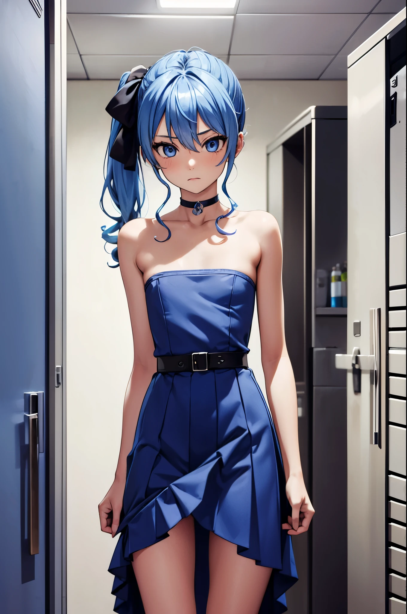 masterpiece, best quality, 1girl, solo, hoshimachisuisei, suisei hoshimachi, blue eyes, blue hair, choker, hair between eyes, medium hair, side ponytail, beautiful detailed eyes, extremely detailed face, perfect anatomy, flat chest, naked body, nude, blue skirt, sexy blue dress, undressing her dress, standing frontally to the viewer, pov, looking at viewer, whole body can be seen, fear, afraid, scared expression, school locker room, detailed hands, five fingers, female genitals