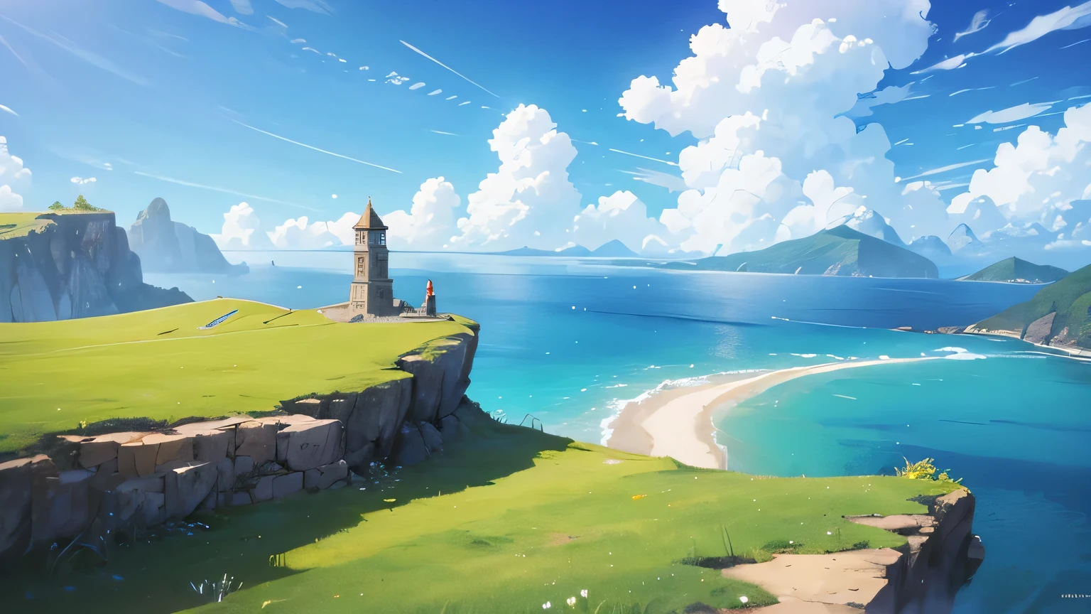 grass ground, blue skies, day time, far away, wide angle, cliff, flat ground, floating islands in the skies, open seas, tower in the middle of an island