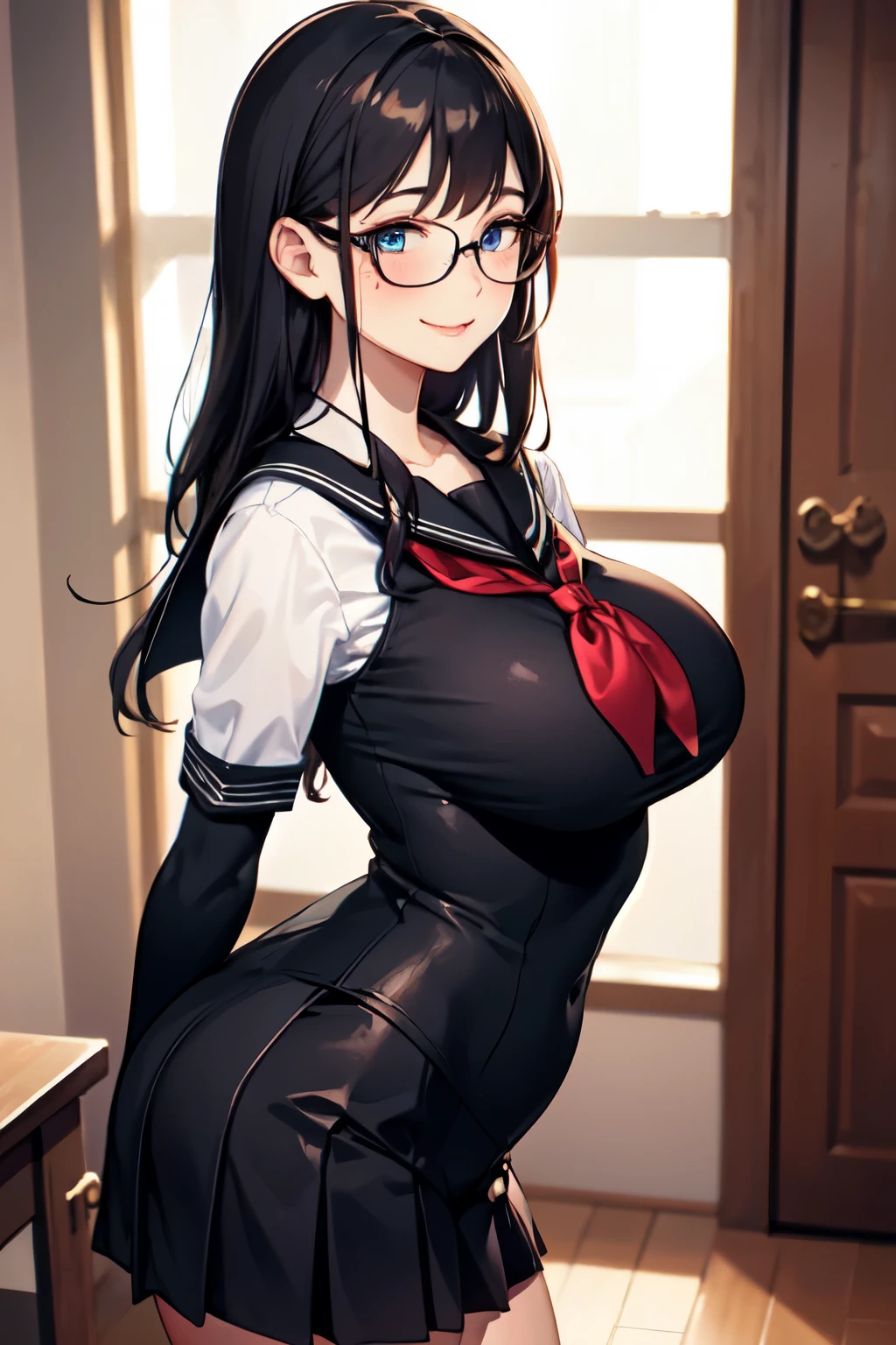 ((masterpiece,best quality)), ((from front)),front face,1girl,stand, (arms behind back),Voluptuous,glamorous,Chubby,thicc,curvy,Leggy,Tall,hanging breasts,1 grandma,(35 year old woman,mature female:1.2),Detailed beautiful blue eyes, looking at viewer, black hair, straight hair,long hair, blunt bangs, shiny skin,mini black school uniform,(((black sleeve shirt))),mini school uniform, (black sailor suit),glasses,beauty mark,(smile),(bashful),(full-face blush),cowboy shot,flat chest,mole, 