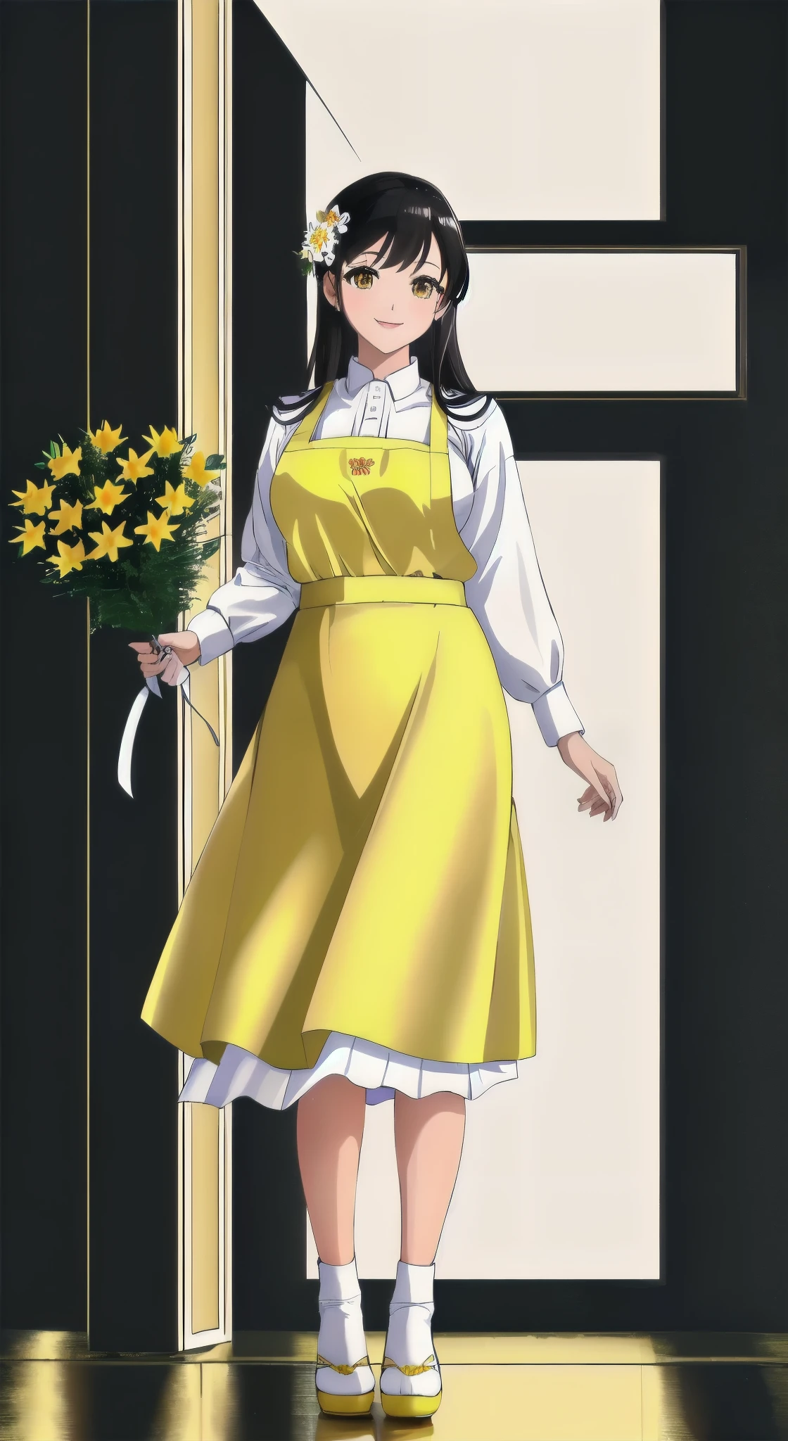 ((highest quality)), ((masterpiece)), (be familiar with), perfect face, whole body, Are standing, めちゃくちゃbe familiar with, ultra high resolution, super detailed, highest quality, woman, smile, flower shop, white blouse, yellow apron, long skirt, perfectly symmetrical face, highly detailed eyes, super beautiful, Perfect body balance