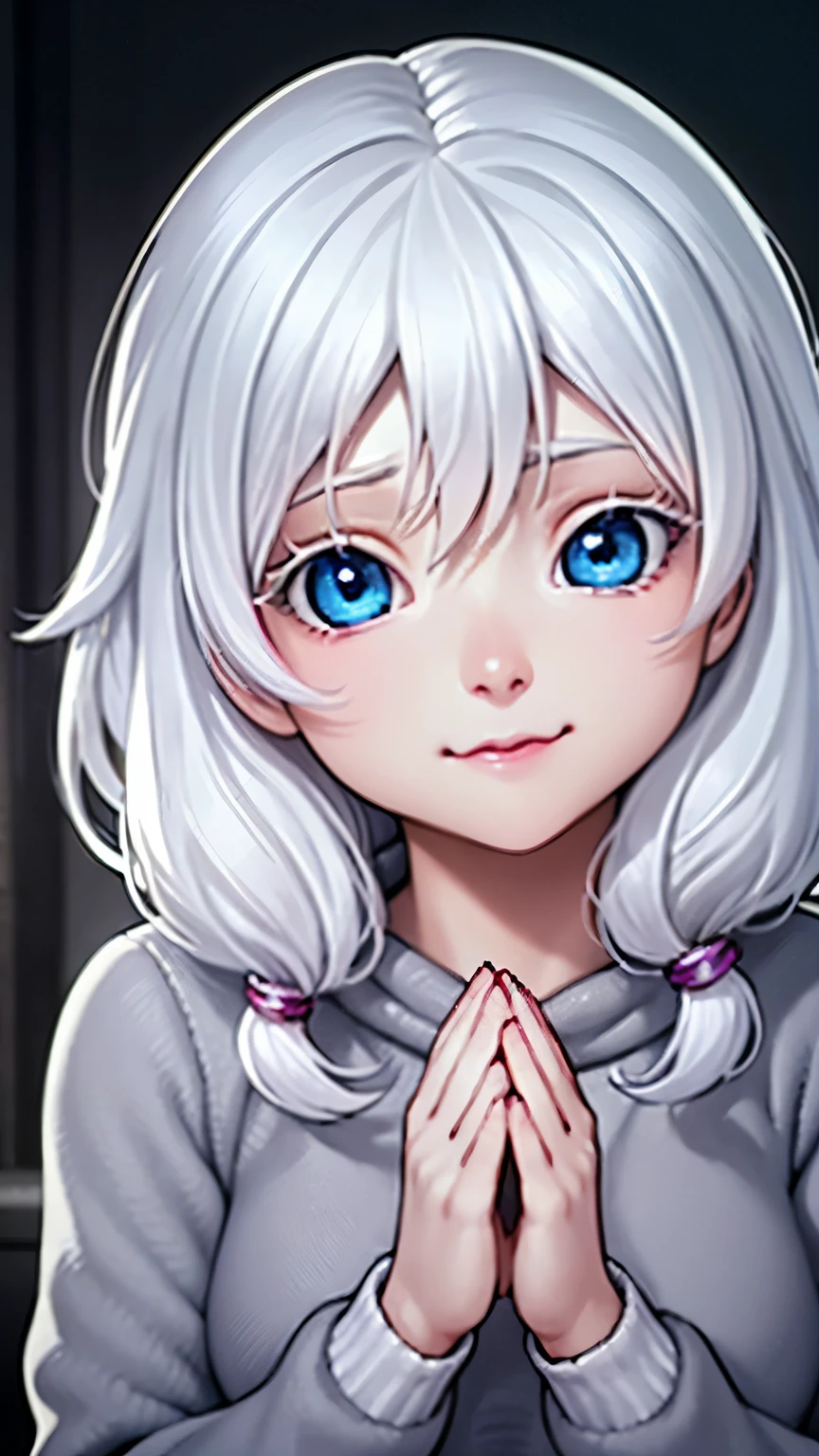 ((ultra quality)), ((Masterpiece)), olya, visual novel Bunny, short stature, ((White hair)), (Beautiful face), (beautiful female lips), (), charming, ((Innocent expression)), looking at the camera smiling softly, eyes closed a little, (Skin color white), (White skin), glare on the body, ((detailed beautiful female eyes)), ((Light blue eyes)), (juicy female lips), (dark eyeliner), (beautiful female hands), ((Ideal female figure)), Ideal female body, beautiful waist, beautiful hips, small breasts, ((subtle and beautiful)), stands temptingly, (wearing a gray long sweatshirt) background: in the kitchen, ((depth of field)), ((high quality clear image)), (clear details), ((High detail)), realistically, professional photo session, ((Clear Focus))