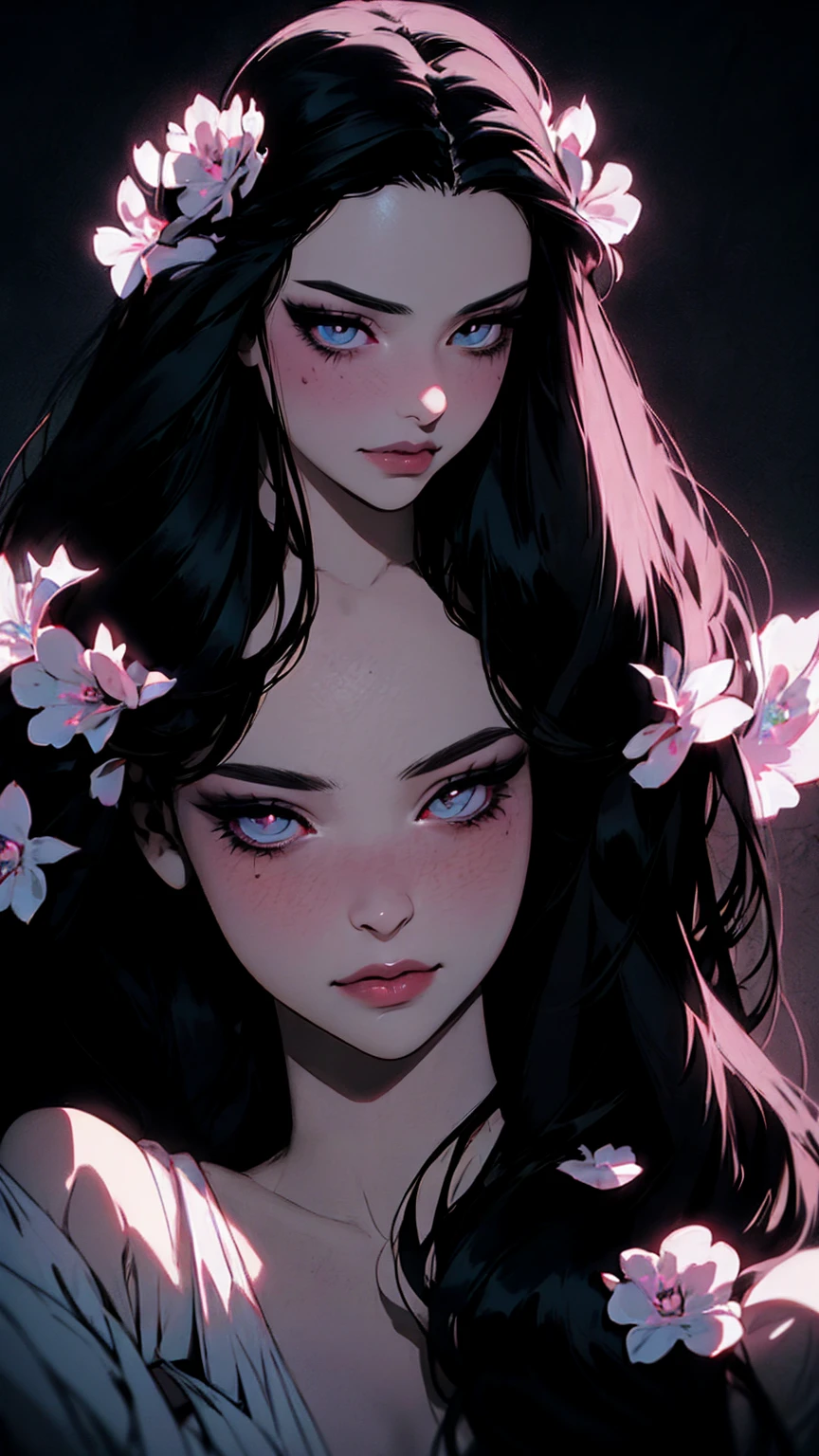 hyper-realistic of a mysterious woman with flowing black hair, piercing opal eyes, and a delicate floral crown, delicate smile, upper body