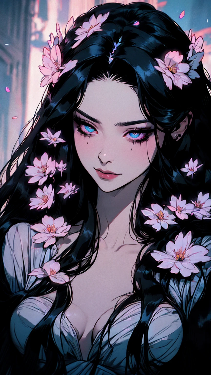 hyper-realistic of a mysterious woman with flowing black hair, piercing opal eyes, and a delicate floral crown, delicate smile, upper body