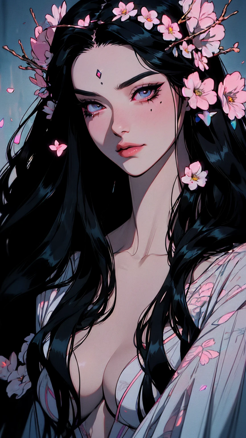 hyper-realistic  of a mysterious woman with flowing black hair, piercing opal eyes, and a delicate floral crown, delicate smile,  upper body