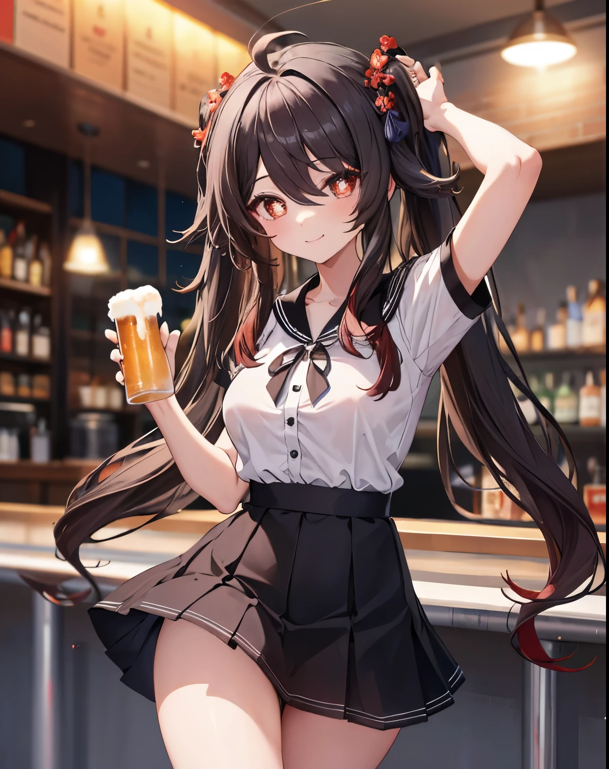 masterpiece,1girl, sparrow, a black haired girl, wearing a white sailor uniform, curly long hair, messy hair, black skirt, slim body, big breasts, she close her left eye, shirt ornament, ****ppai, naughty smile, beautiful breasts, rounded breasts, crimson eyes, dress, miniskirt, dancing at bar, ahoge, hu tao, night bar, she drink beer,