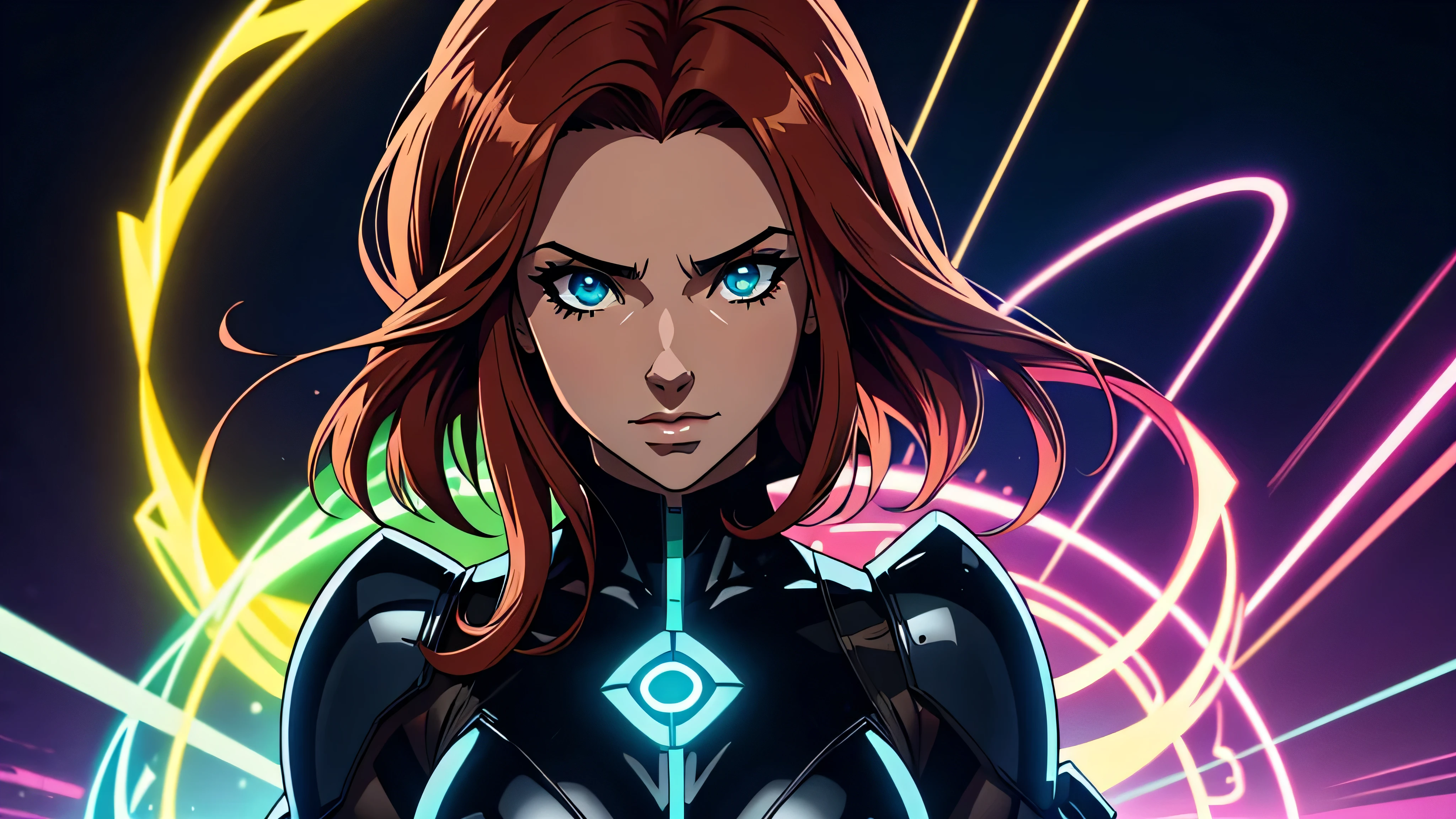 ultra detalhado, 4k, 1 garota de anime, corpo inteiro, roupa roxa, seios grandes, personagem linda, olhos de anime, Neon, fundo preto