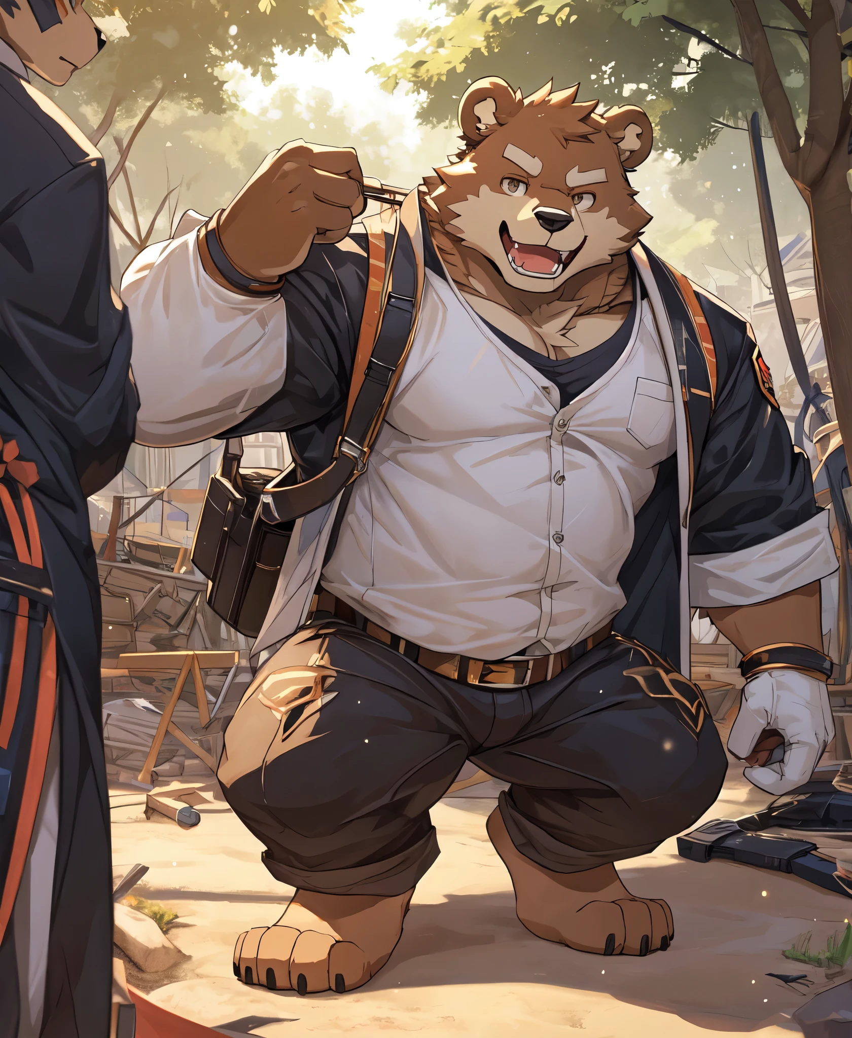 brown bear,construction site,sweat,cap,white vest,White coarse cloth gloves,depth of field, perfect lighting, light particles,(best quality),(masterpiece),(ultra de oba ed),sharp focus,light particles, Negi, de tailed Eye, blush, Brown_Eye, watching_exist_audience, Smile, alone, hairy, animal_ear_Brushed, Open_clothing, Put your arms behind exist's back, Upper body, strong body, Slightly fat,Sunlight, tree, Open mouth, from below, Put your arms behind exist's back, male, 1 boy