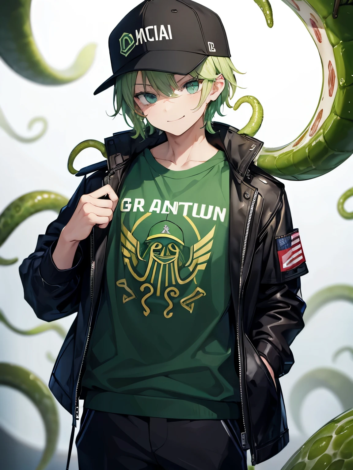 boy , smug face , with jacket, with baseball hat, HAS GREEN TENTACLE ON THE BACK