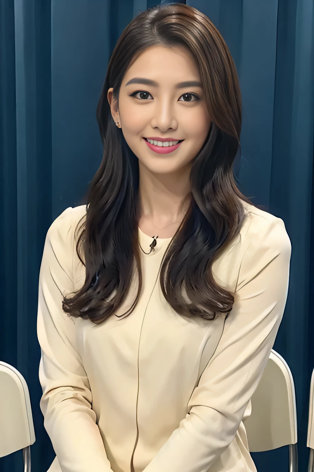 best image quality、超A high resolution、1 girl、beautiful face、Announcer wearing a tight suit with long sleeves、sitting in the studio