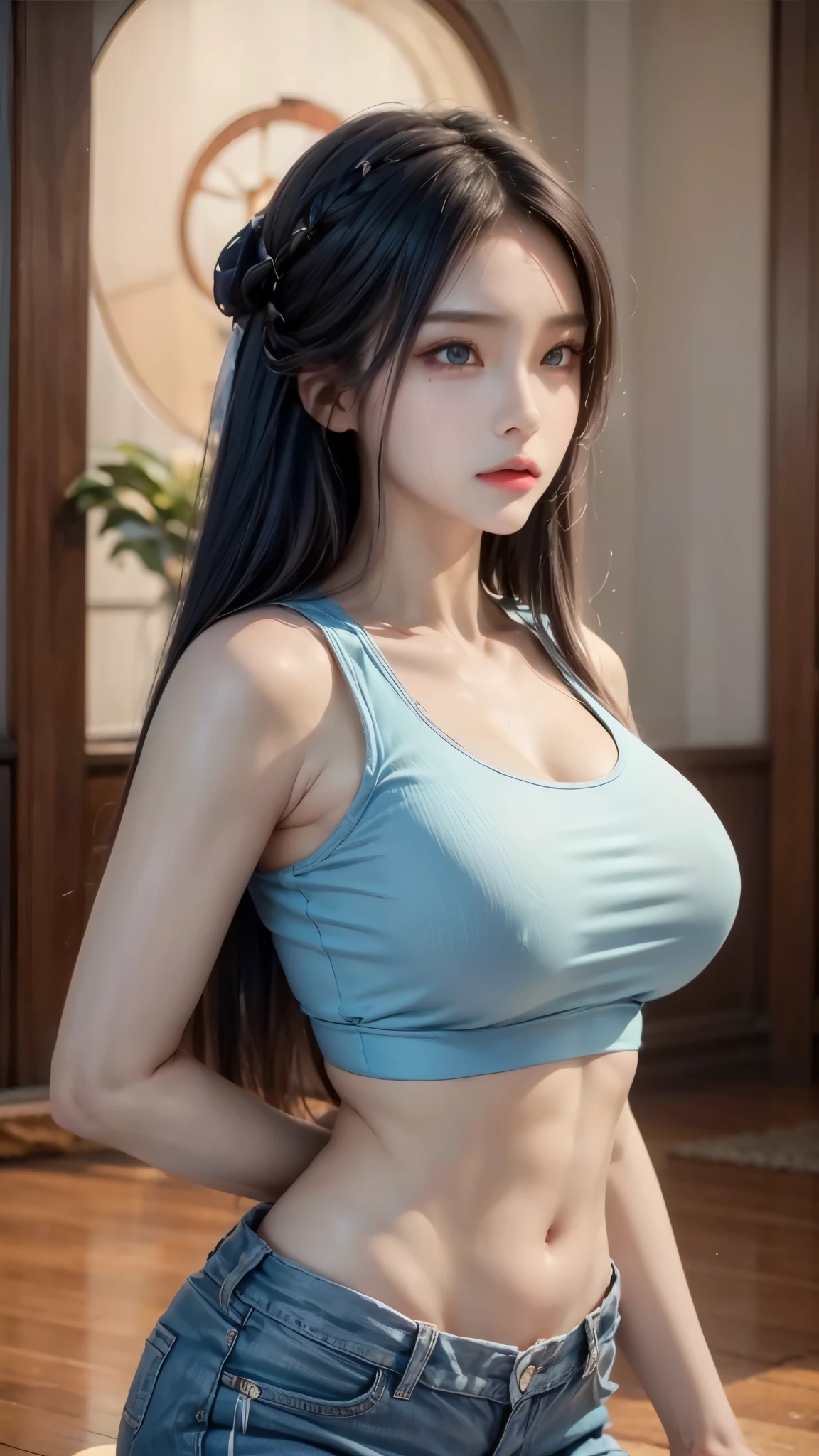 realistic, 1 women , Per HD, 12k, 1080p, wearing Allstars shoes, slim body, rather big body, six pack body, big round breasts, no clothes, beautiful breasts, looking at the camera, sitting on the sofa, transparent and genitals clear, long black hair, face details, person details, body details, clothing details, hair details, body details, body details, breast details, vagina details, clothes, eye details, sweat details, water details, pose (knees bent and feet opened wide) whole body