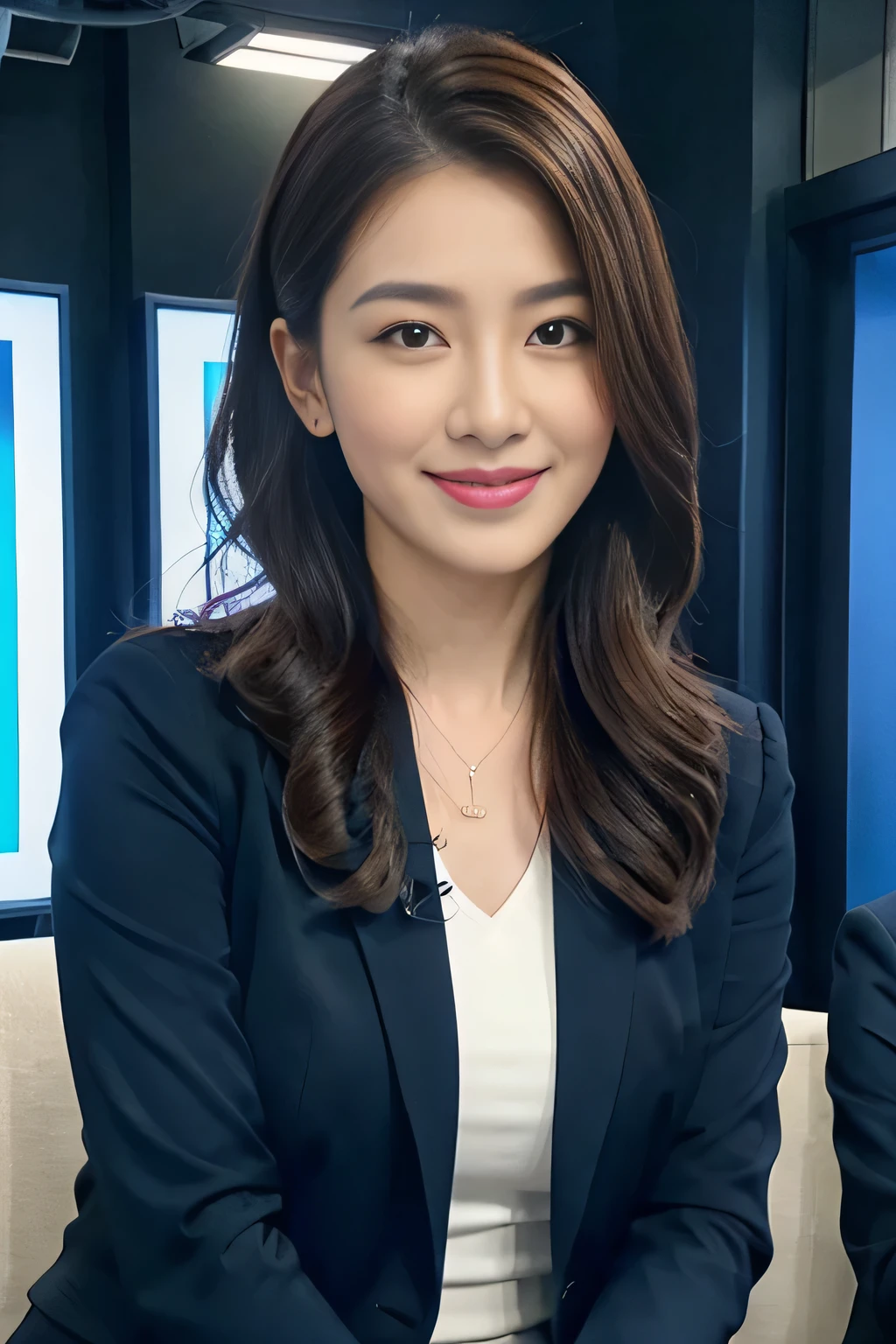 best image quality、超A high resolution、1 girl、beautiful face、Announcer wearing a tight suit with long sleeves、sitting in the studio