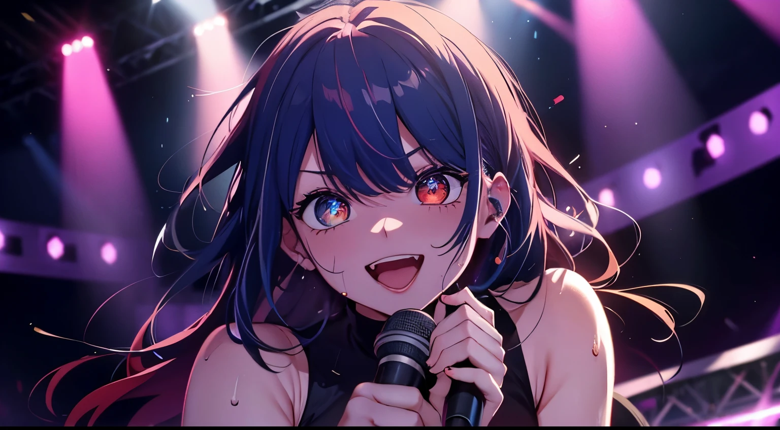 heterochromia、red eyes,yellow eyes、Idol singer singing with live music、Singing while sweating alone、Have fun with a smile、Hair color is blue hair、Proud Idol、slim figure、The background is the stage