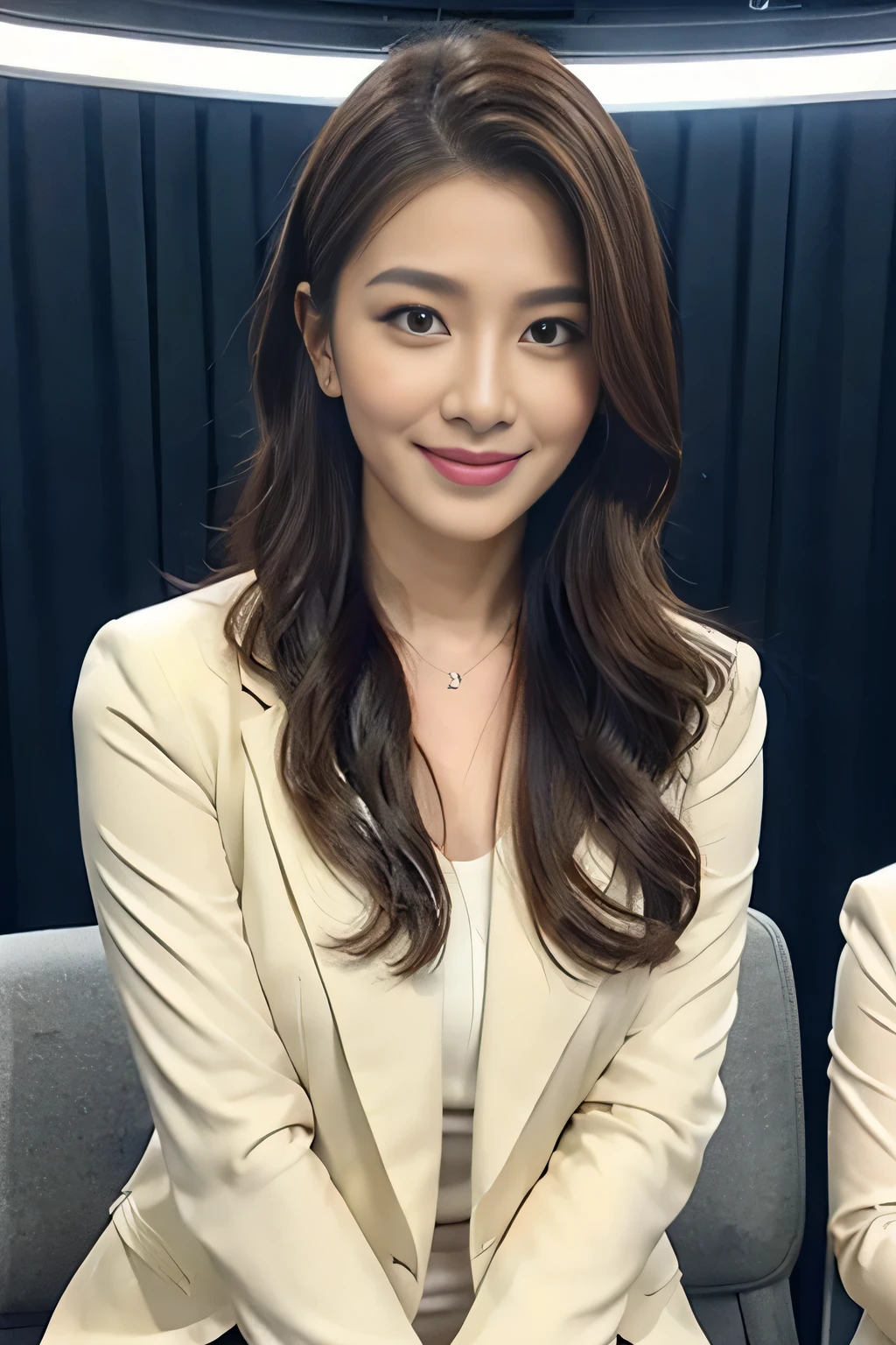best image quality、超A high resolution、1 girl、beautiful face、Announcer wearing a tight suit with long sleeves、sitting in the studio
