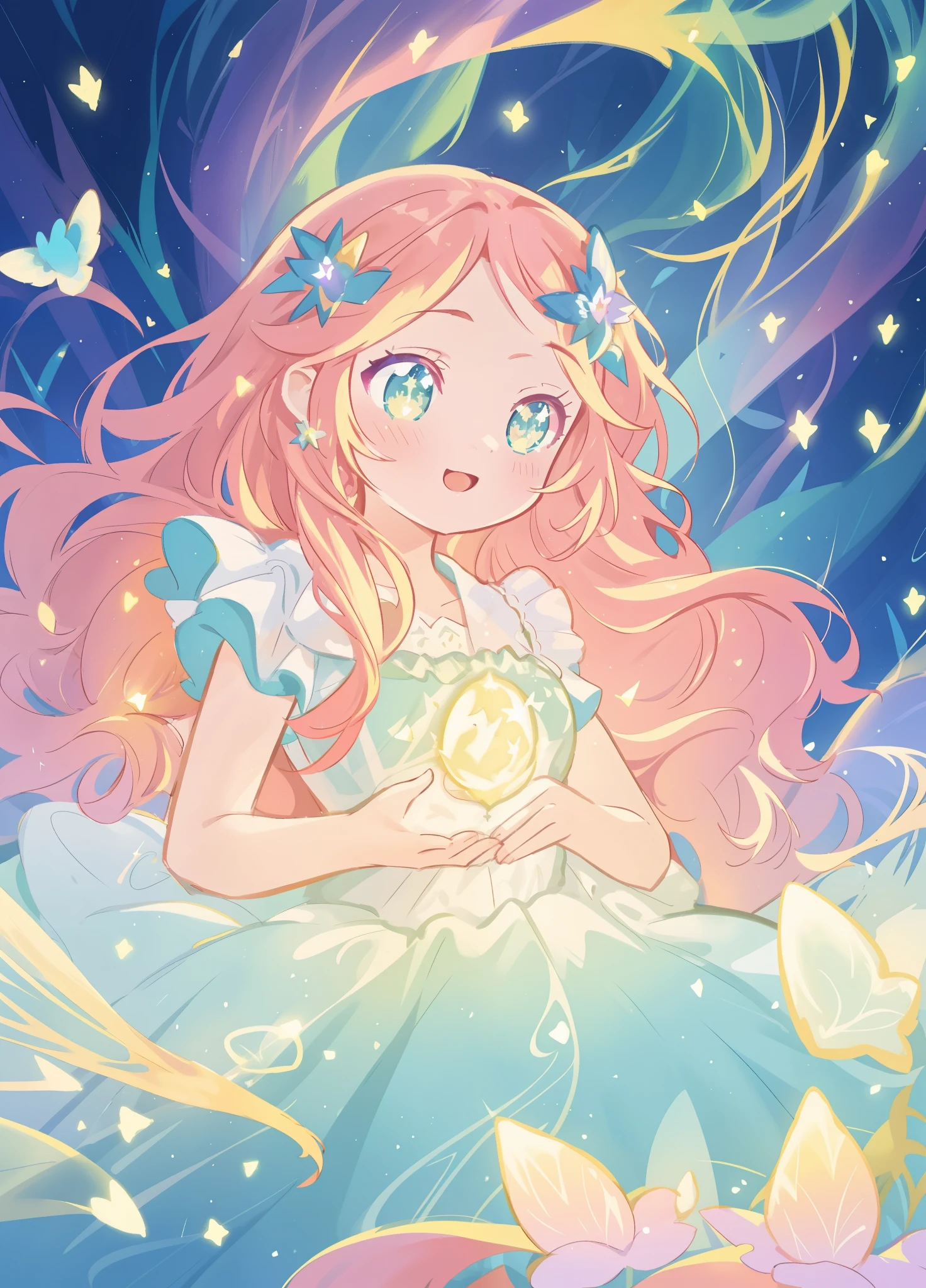 beautiful girl, puffy tiered layered ballgown, magical forest, vibrant pastel colors, (colorful), glowing golden long hair, magical lights, sparkling magical liquid, inspired by Glen Keane, inspired by Lois van Baarle, disney art style, by Lois van Baarle, glowing aura around her, by Glen Keane, jen bartel, glowing lights! digital painting, flowing glowing hair, glowing flowing hair, beautiful digital illustration, fantasia background, whimsical, magical, fantasy, ((beautiful face)), ((masterpiece, best quality)), intricate details, highly detailed, sharp focus, 8k resolution, sparkling detailed eyes, liquid watercolor