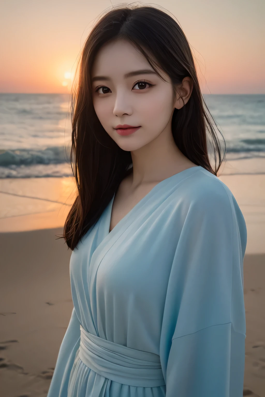 table top, highest quality, shape, Super detailed, finely, High resolution, 8k wallpaper, 完璧なダイナミックな構shape, beautiful and detailed eyes, straight hair, natural color lip,20 year old girl、cute、sexy looking at camera,beautiful and detailed face,perfect and beautiful face,KPOP idol face,Japanese idol faces,Elegant face,RAW photo,Big eyes,gal makeup,smile, Serene landscape of a woman lying on the beach at sunrise, The early morning light gently illuminates her face、Looking at the viewer with a calm expression。. the beach is quiet, The pale pink and soft blue hues of dawn fill the sky., While the quiet sea whispers in the background, Suggests a calm start to the day, cinematic composition, Trending at Art Station.