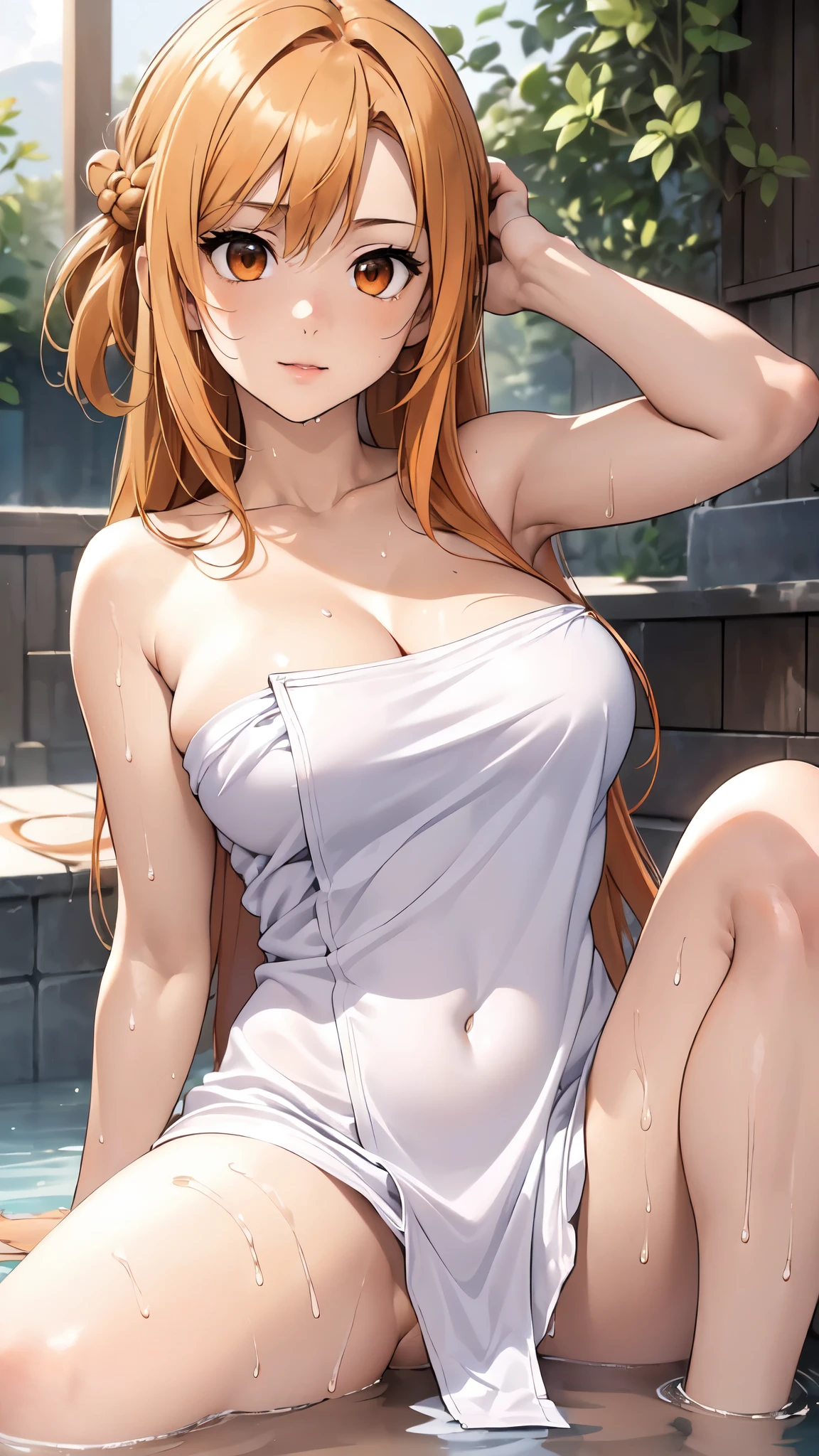 realistic, hyper detail,very precise detailed,ultra high resolution,extremely detailed CG unity 8k wallpaper,(Realistic,Photorealsitic,hyper realisitic:1.5), (NSFW:1.3),smile,blush,girls only, Longhair, dynamic lighting, ((bold imaginative poses)), (Glossy skin:1.5), masterpiece, highest quality, disorganized, Audience,(Wearing a bath towel:1.4), (orange hair:1.4),(crown half up hair:1.5),(orange eyes:1.4),(spread your legs:1.4),((beautiful, fine eyes:1.3)),(wet clothes:1.4), thin, High resolution, sharp focus, Depth of the bounds written, eye for detail, clear eyes, ((Aesthetic Anime Eyes:1.4)), outdoors, sunrise sky,Open-air bath at a long-established hot spring inn,(Wearing a bath towel:1.4)