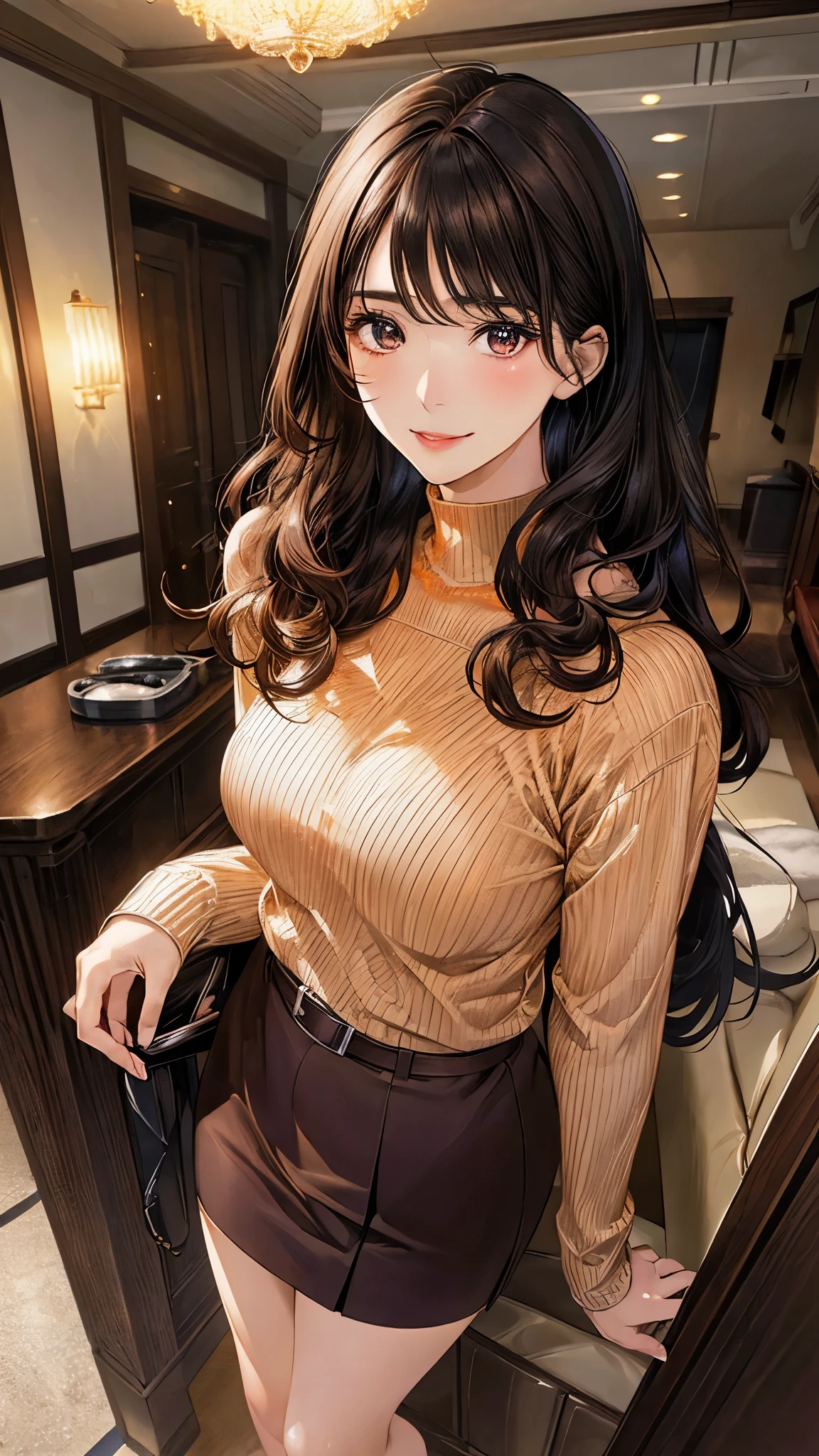 (masterpiece:1.3, top-quality), (realistic, photorealistic:1.4), beautiful illustration, (natural side lighting, movie lighting),
looking down, full body, from below, 1 girl, japanese, (receptionist), 20 years old, perfect face, (perfect anatomy), cute and symmetrical face, shiny skin,
(long hair:1.5, straight hair:1.4, black hair), swept bangs, dark blue eyes, slant eyes, long eye lasher, (large breasts: 0.8, seductive thighs, big ass),
beautiful hair, beautiful face, beautiful detailed eyes, beautiful clavicle, beautiful body, beautiful chest, beautiful thigh, beautiful legs, beautiful fingers,
((insanely detailed clothes, orange brown high neck sweater, brown curly middle skirt, belt)),
(beautiful scenery), depth of field, evening, (living room), standing, (smile),