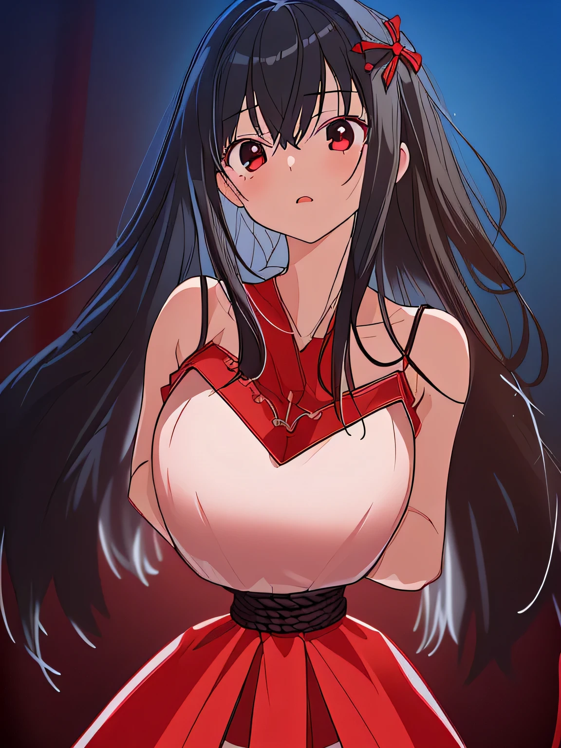 ((masterpiece)), ((highest quality)), (super detailed), torture chamber,(((Waist bound tightly with rope))),pretty girl, 1 girl, alone,dark red tank top dress,beautiful black hair, (beautiful black eyes), long hair, expression of agony