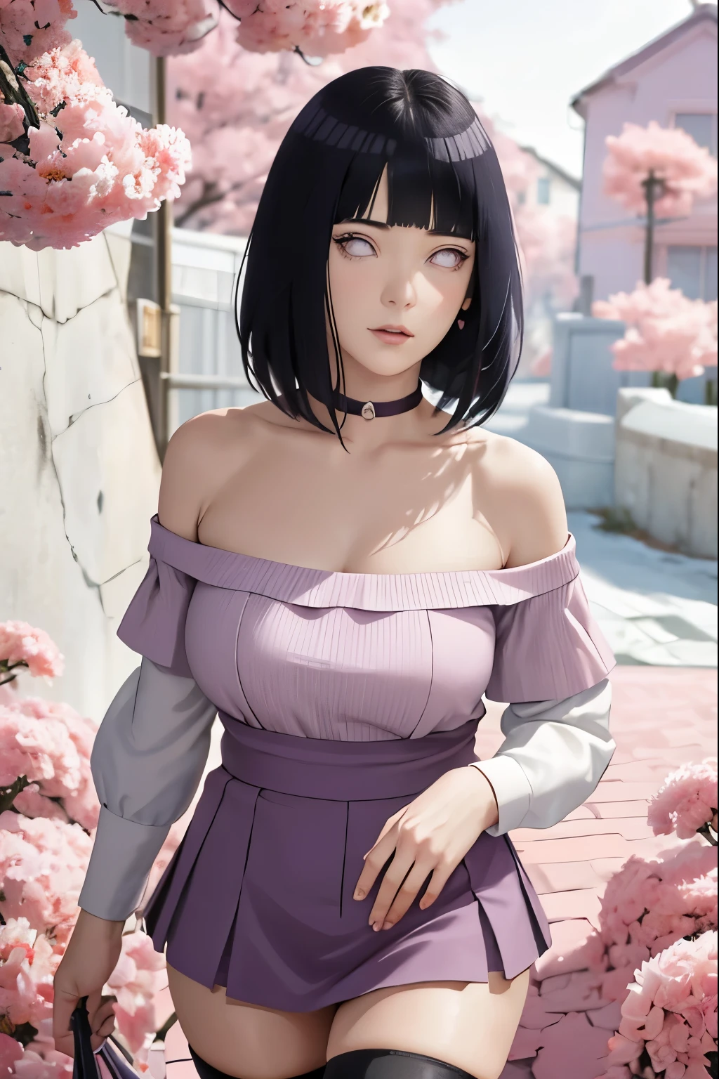 masterpiece, absurdres, hinata\(boruto\), 1girl, solo,mature female, off-shoulder crop top, looking at viewer, (falling petals), perfect composition, detailed lips, big breast, beautiful face, body propotion, blush, (pink lips),medium hair, (black hair), purple eyes, soft gaze, super realistic, detailed, photoshoot, realistic face and body, sexual expression, seductive expression,